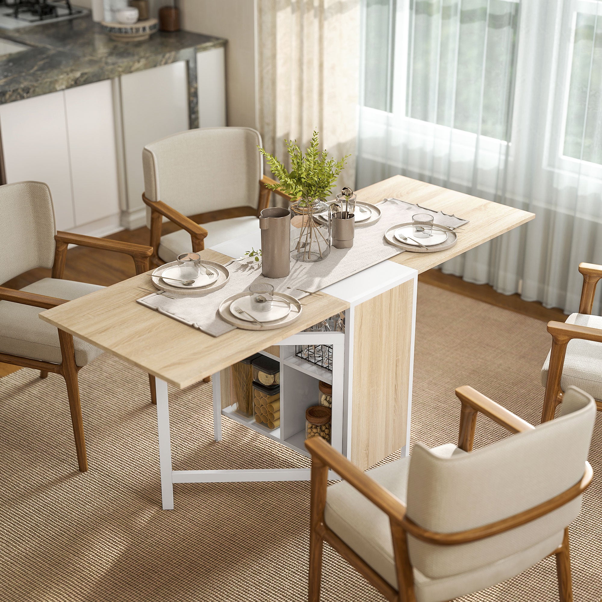 Table pliable de cuisine pour 4 personnes table à manger 4 niches intégrées pour petit espace dim. dépliées 169L x 62l x 75H cm MDF chêne clair acier blanc