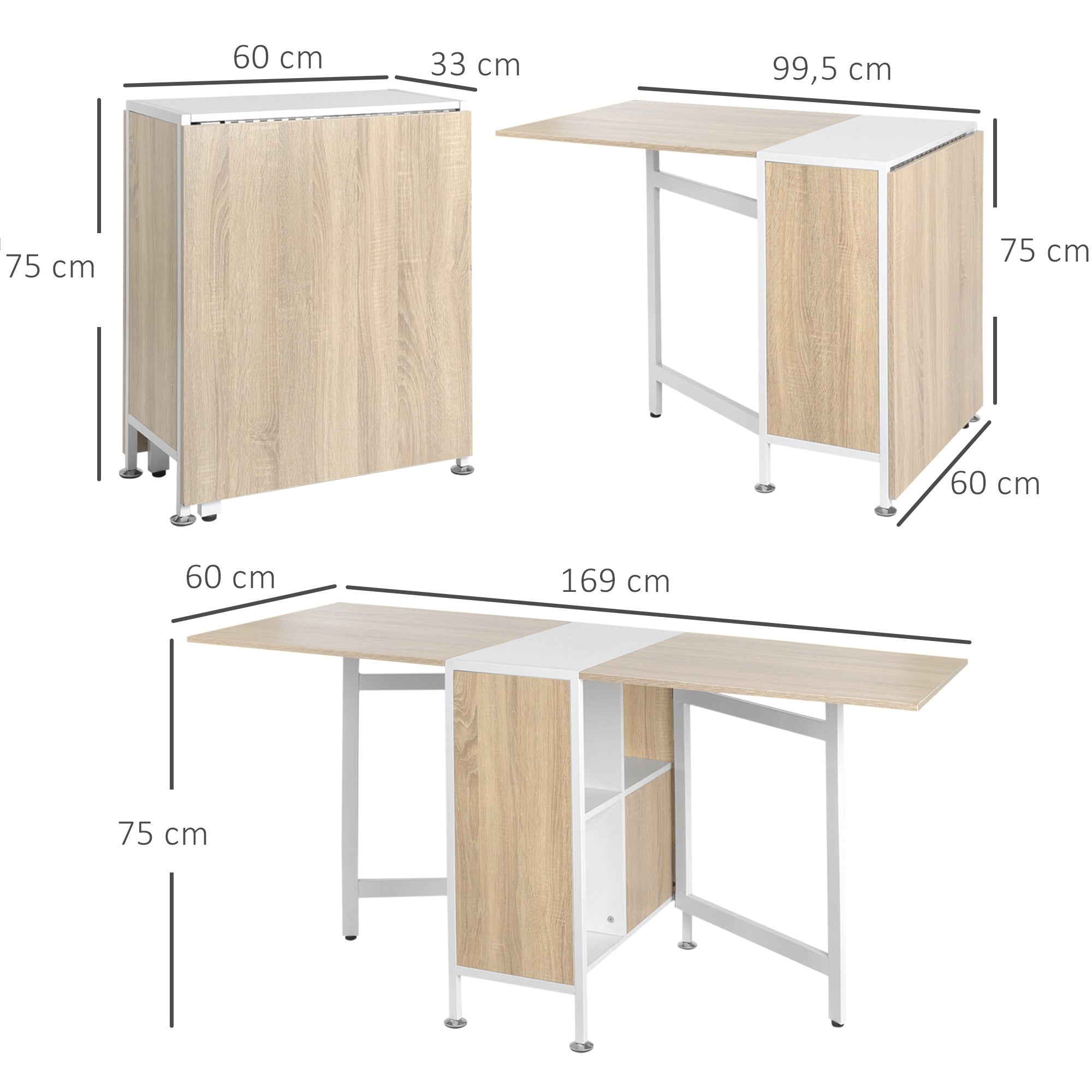 Table pliable de cuisine pour 4 personnes table à manger 4 niches intégrées pour petit espace dim. dépliées 169L x 62l x 75H cm MDF chêne clair acier blanc