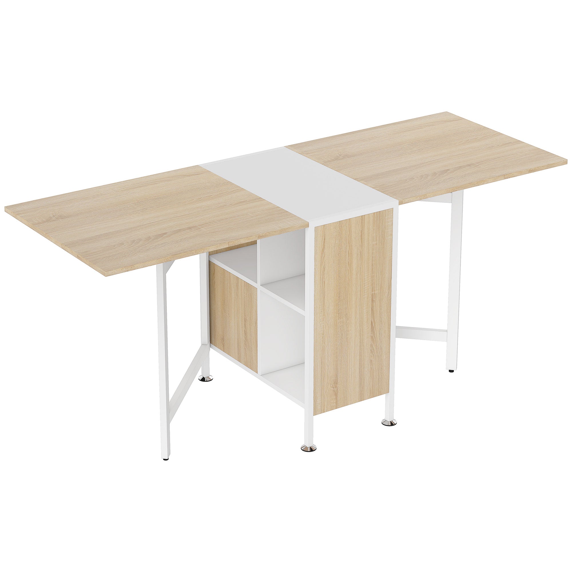 Table pliable de cuisine pour 4 personnes table à manger 4 niches intégrées pour petit espace dim. dépliées 169L x 62l x 75H cm MDF chêne clair acier blanc