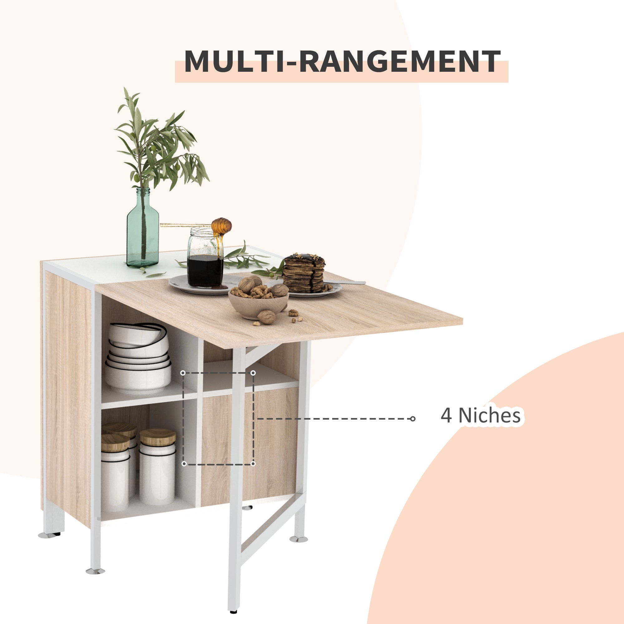 Table pliable de cuisine pour 4 personnes table à manger 4 niches intégrées pour petit espace dim. dépliées 169L x 62l x 75H cm MDF chêne clair acier blanc
