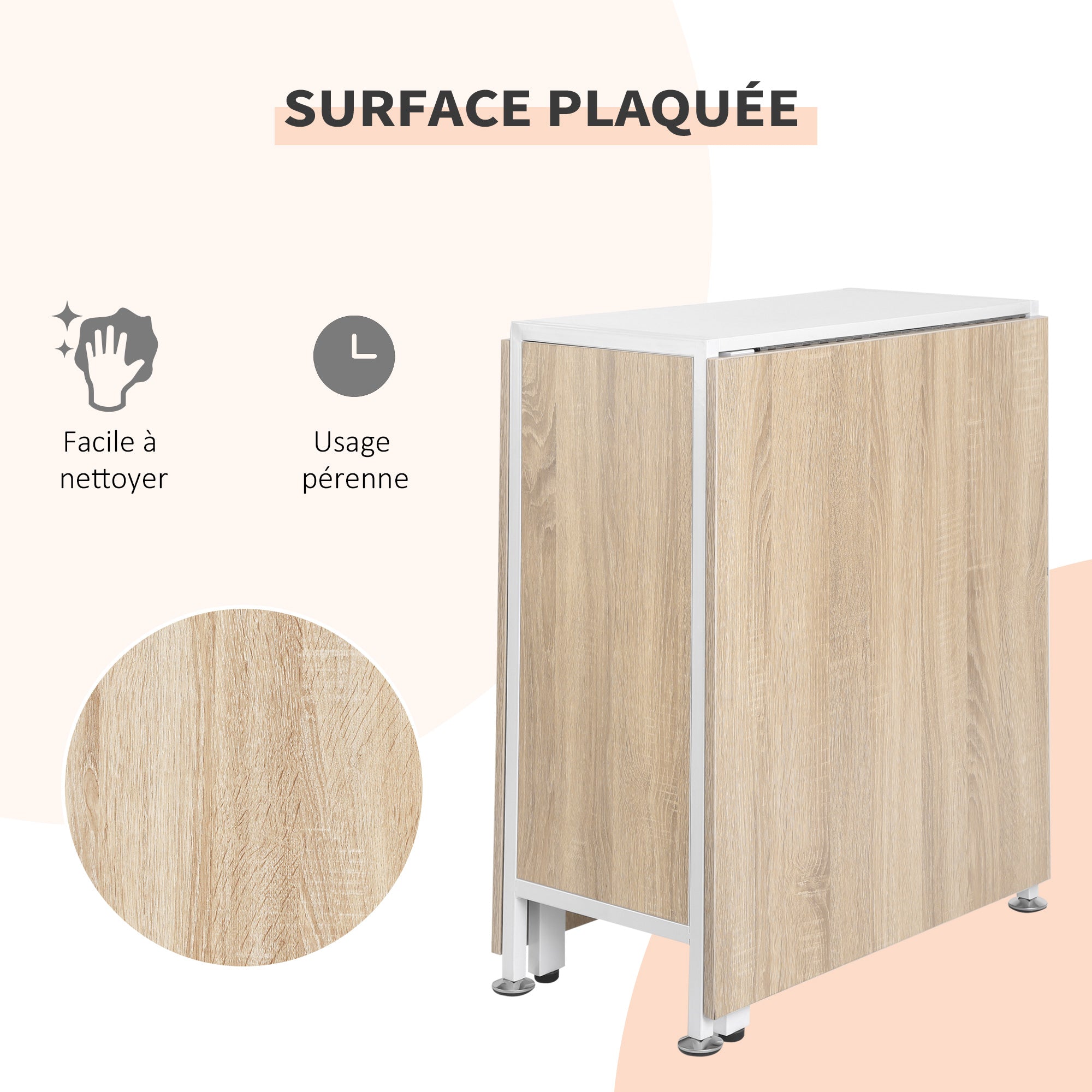 Table pliable de cuisine pour 4 personnes table à manger 4 niches intégrées pour petit espace dim. dépliées 169L x 62l x 75H cm MDF chêne clair acier blanc