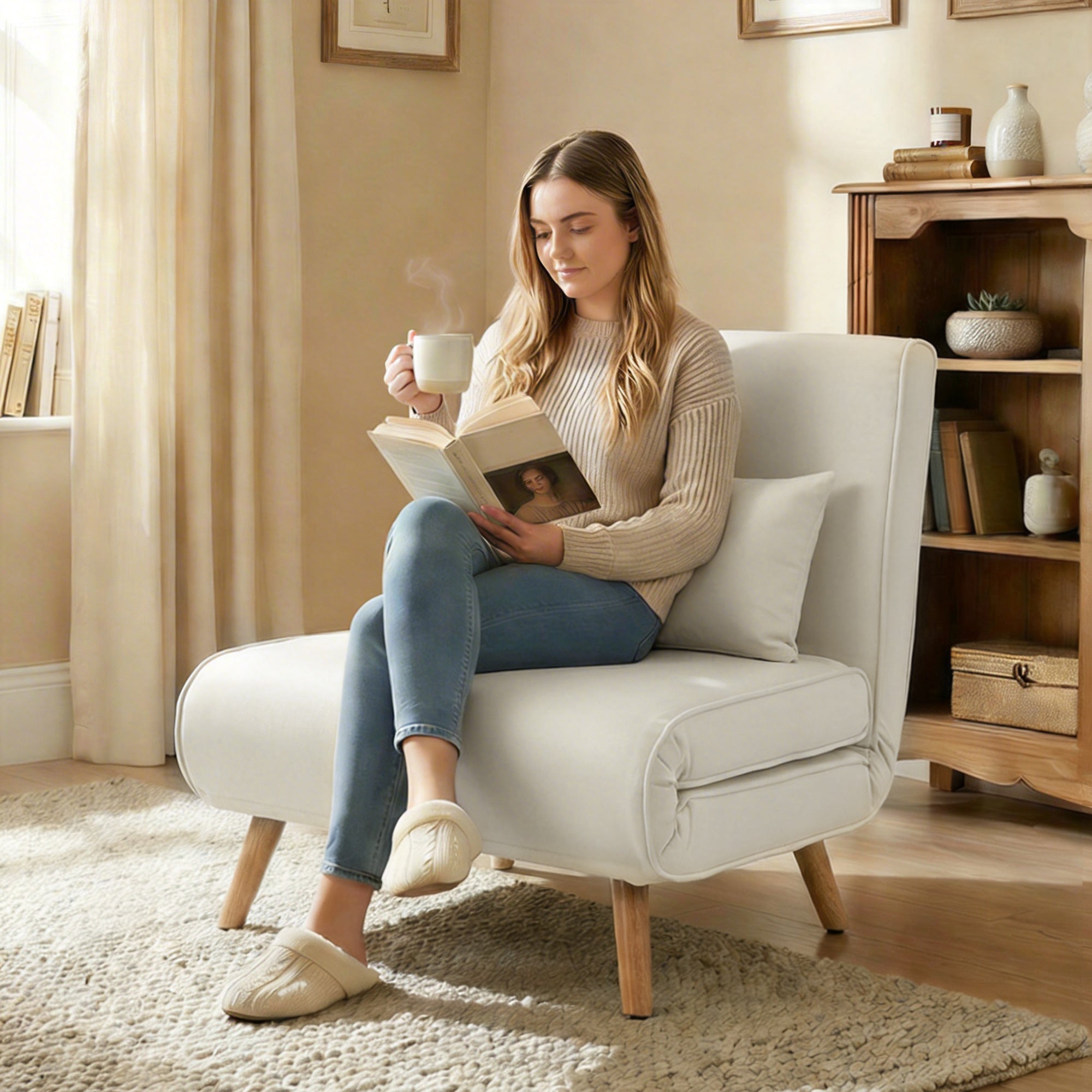 3 en 1 fauteuil convertible 1 place, fauteuil lit et chauffeuse - dossier inclinable 5 niveaux et oreiller inclus, siège rembourré - pour bureau, salon, chambre à coucher, crème
