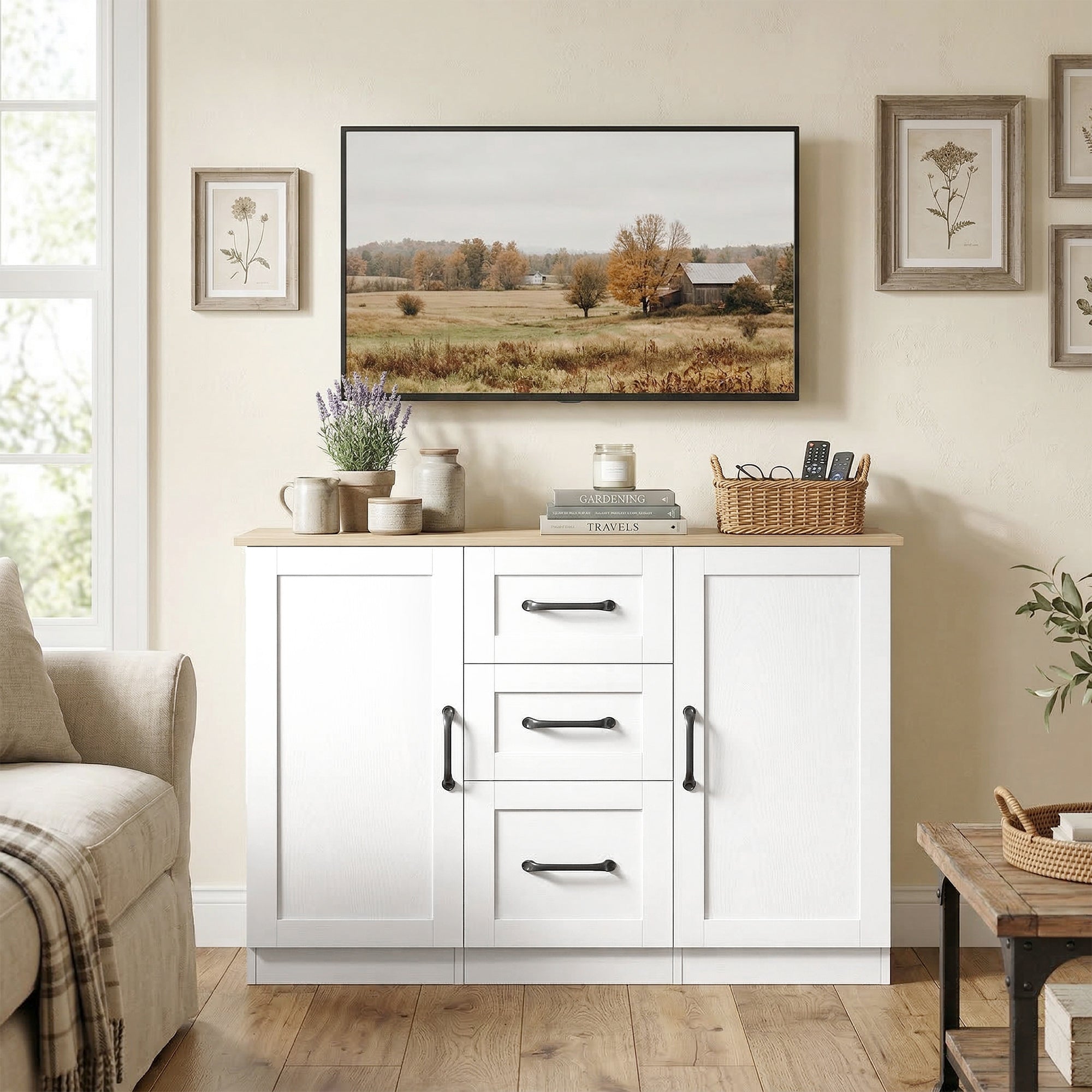 Buffet salon, meuble de rangement avec 2 portes à fermeture douce et 3 tiroirs, style moderne, buffet salle à manger et cuisine, 110 x 35 x 80,4 cm, blanc et bois naturel