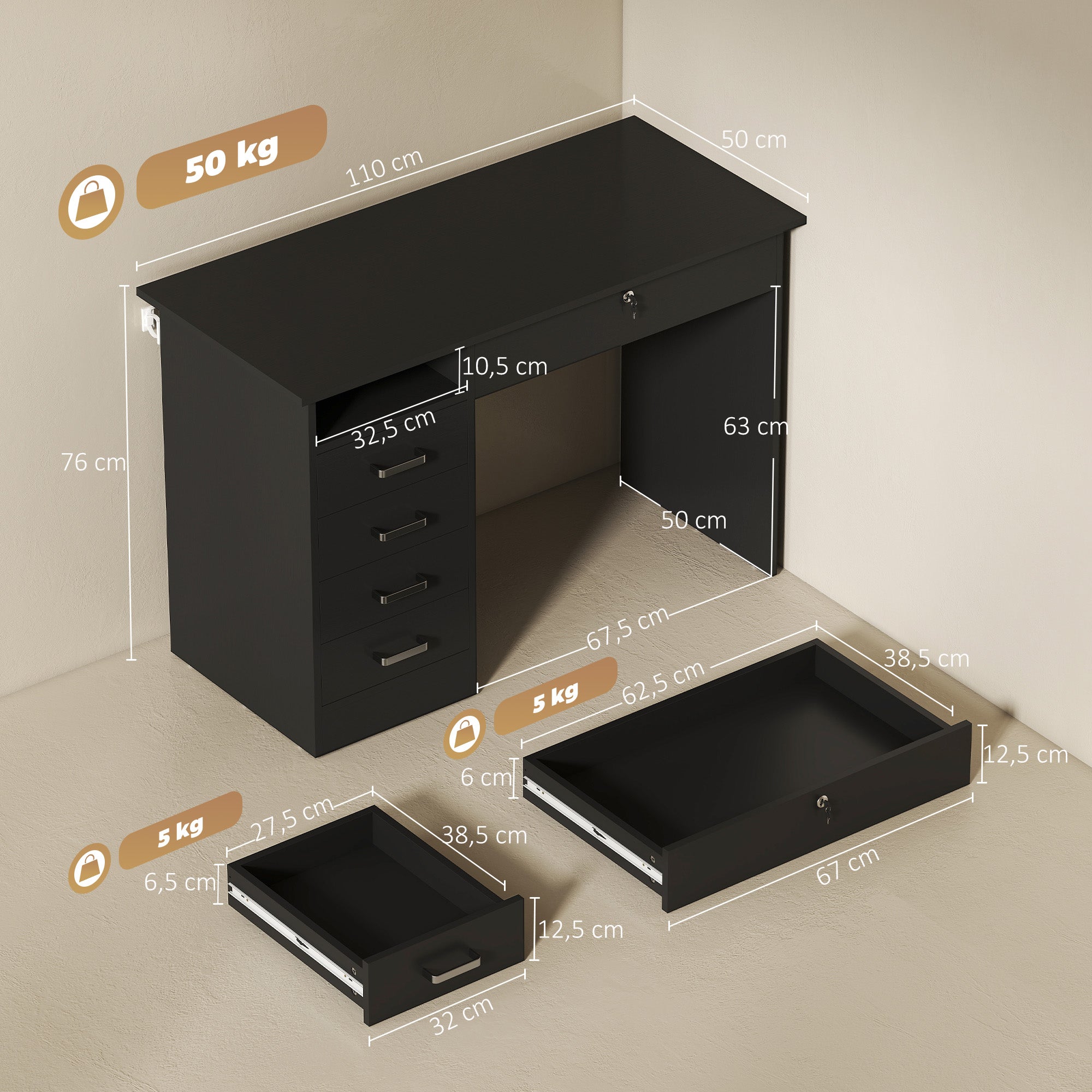 Bureau informatique table d'ordinateur avec grand plateau, 5 tiroirs, 1 compartiment ouvert, tiroir verrouillable, moderne 110 x 50 x 76 cm, noir