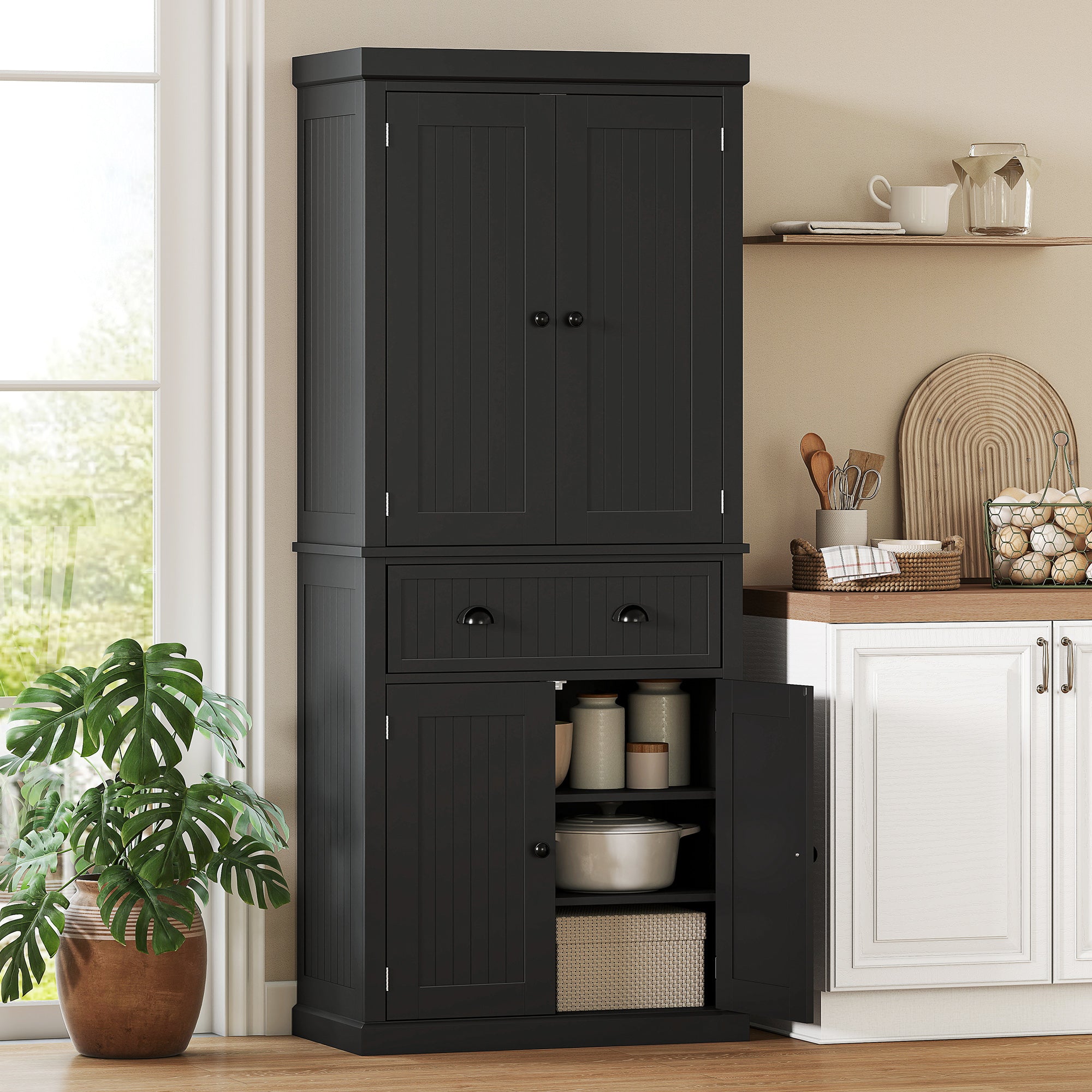 Buffet haut cuisine, armoire de cuisine, vaisselier avec 4 portes, tiroir et étagères réglables, meuble de rangement pour salon, salle à manger, 76,2 x 40,2 x 183 cm, noir