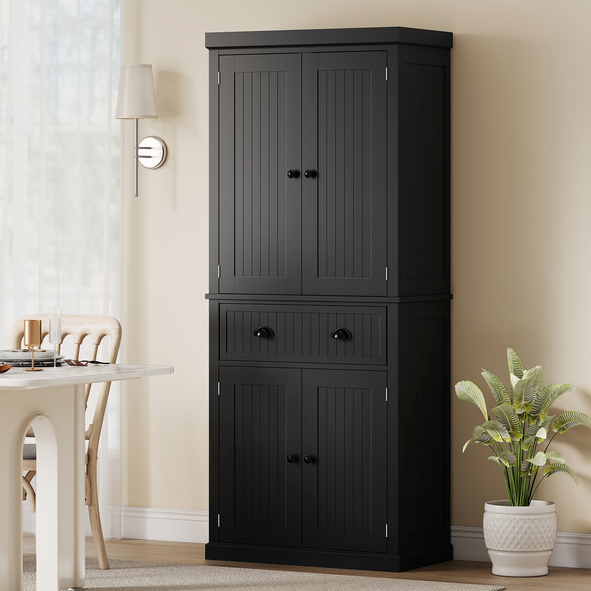 Buffet haut cuisine, armoire de cuisine, vaisselier avec 4 portes, tiroir et étagères réglables, meuble de rangement pour salon, salle à manger, 76,2 x 40,2 x 183 cm, noir