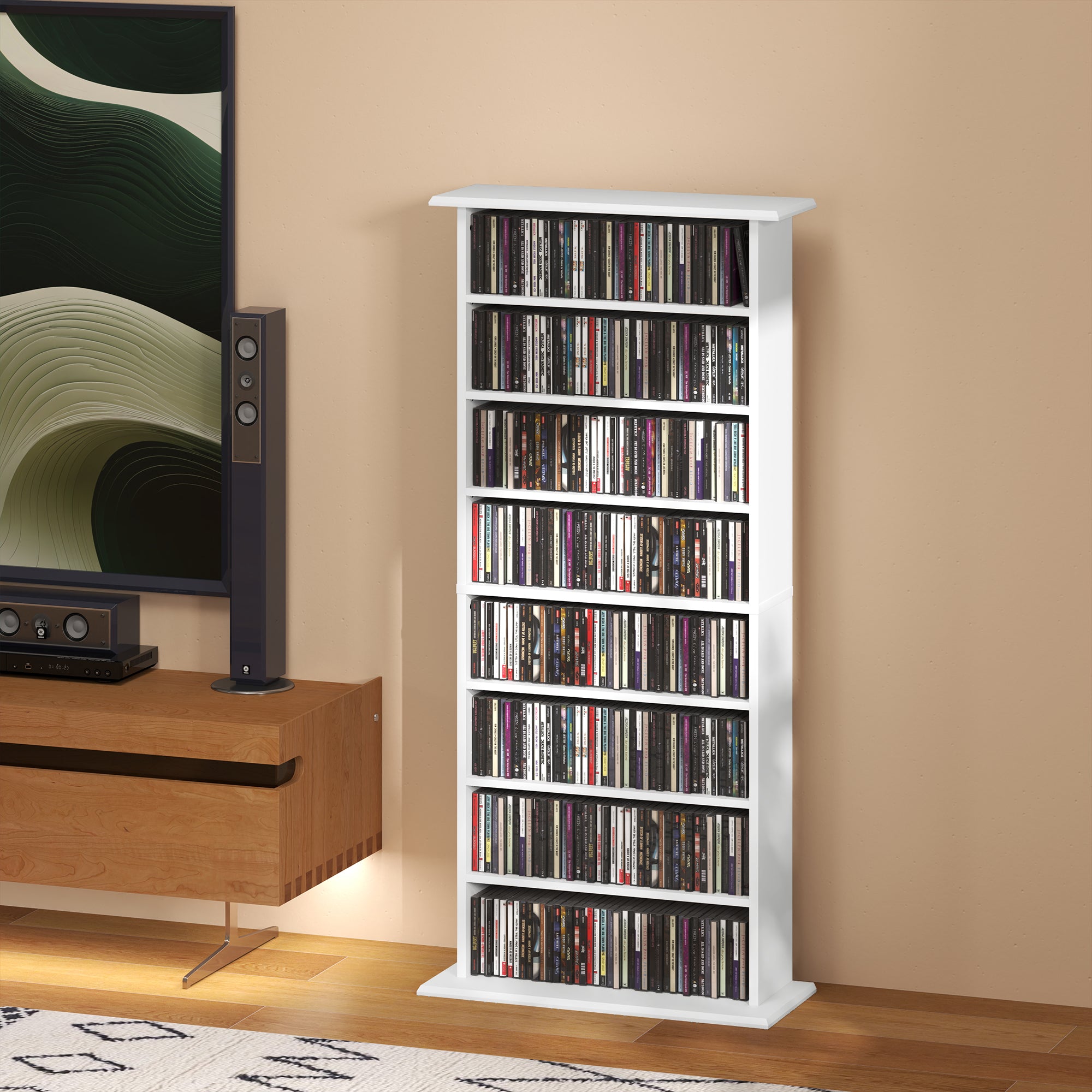 Rangements pour CD et DVD, meuble de rangement multimédia avec 8 compartiments et 6 étagères réglables, capacité max. 360 CD/185 DVD et Blu-ray, 58 x 24 x 126,5 cm, blanc