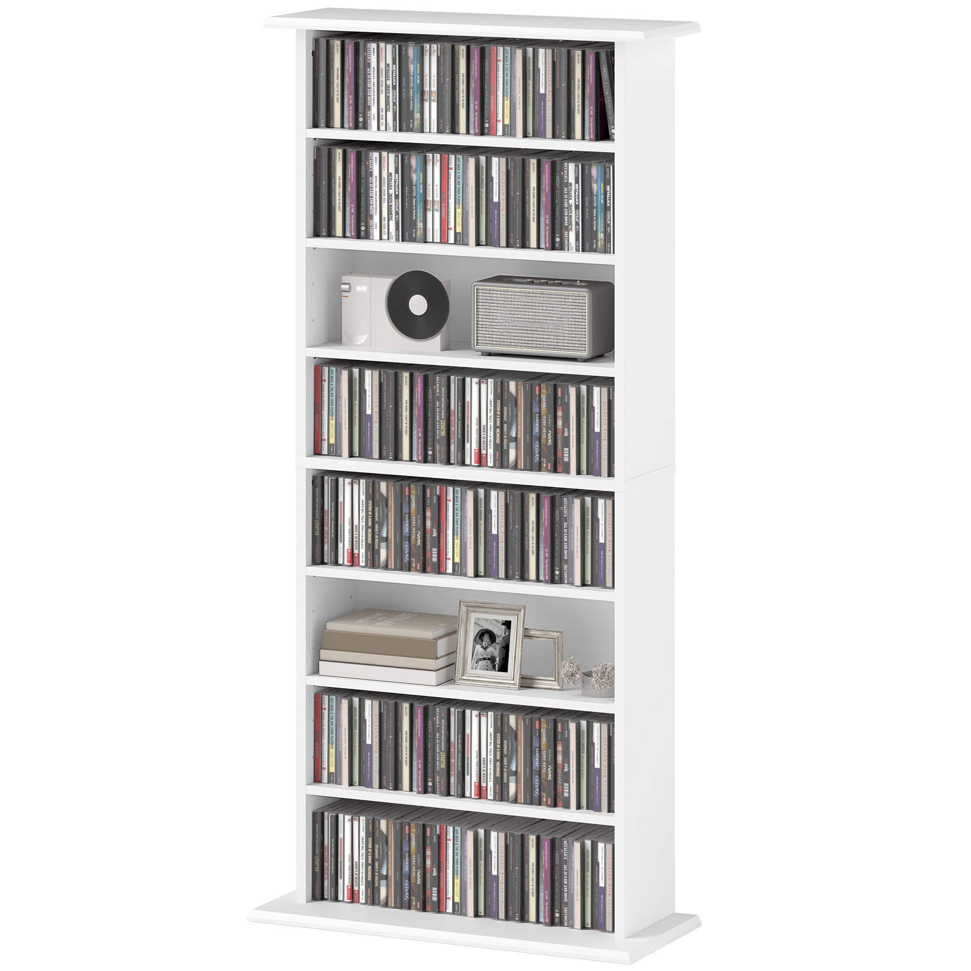 Rangements pour CD et DVD, meuble de rangement multimédia avec 8 compartiments et 6 étagères réglables, capacité max. 360 CD/185 DVD et Blu-ray, 58 x 24 x 126,5 cm, blanc