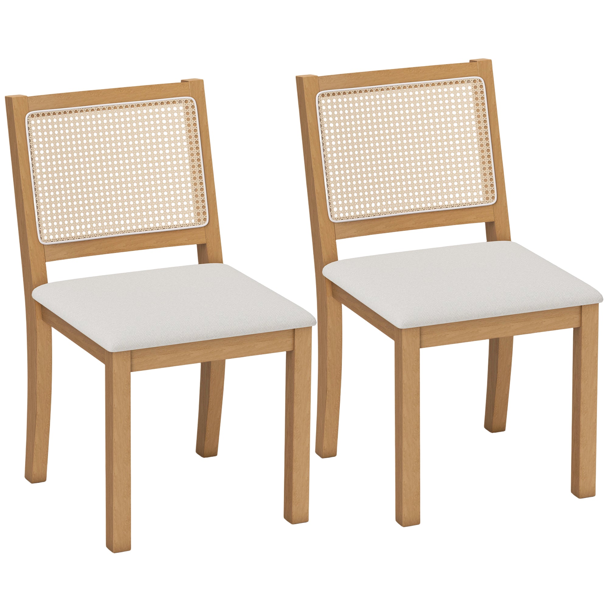 Lot de 2 chaises de salle à manger, chaises de cuisine avec assise rembourrée, dossier effet rotin, structure en bois d'hévéa massif, tissu aspect lin, crème et chêne