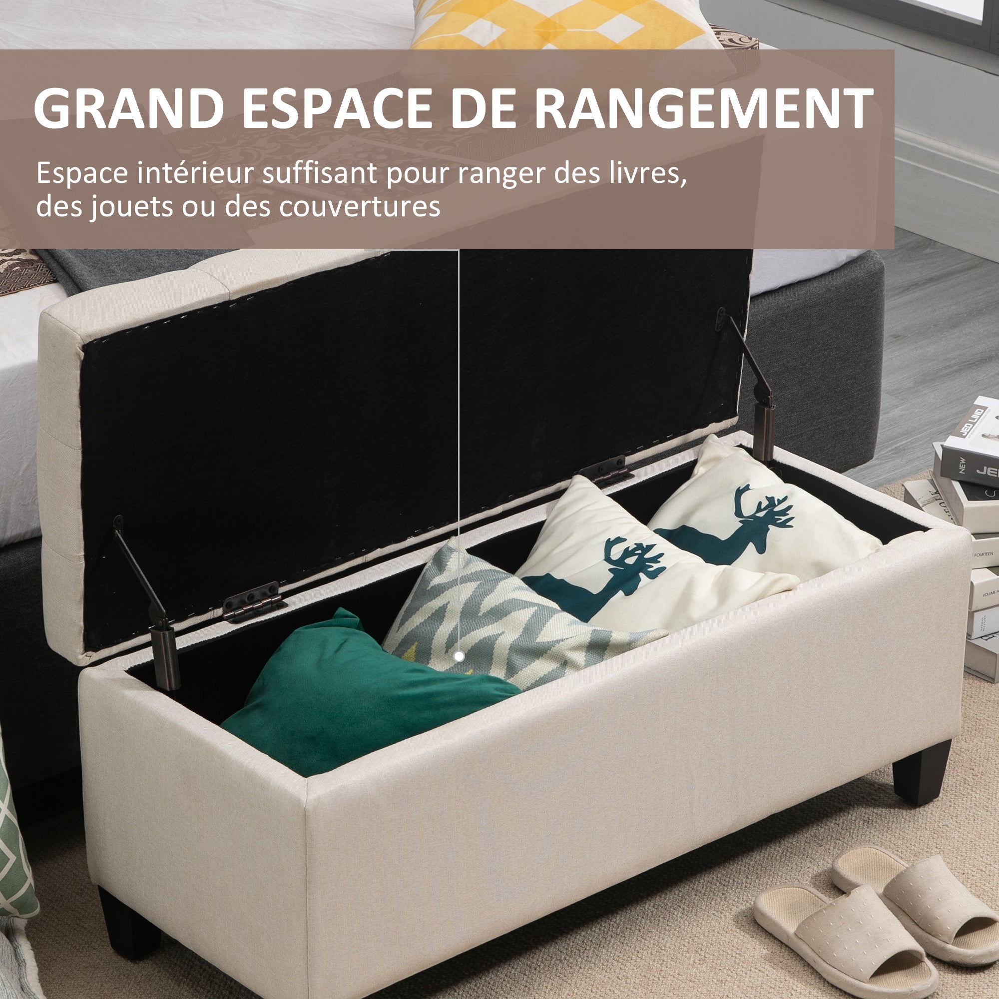 Banc de rangement pouf salon bout de lit capitonné coffre de rangement repose-pieds pour salon, chambre, entrée, 100 x 40 x 44 cm, blanc