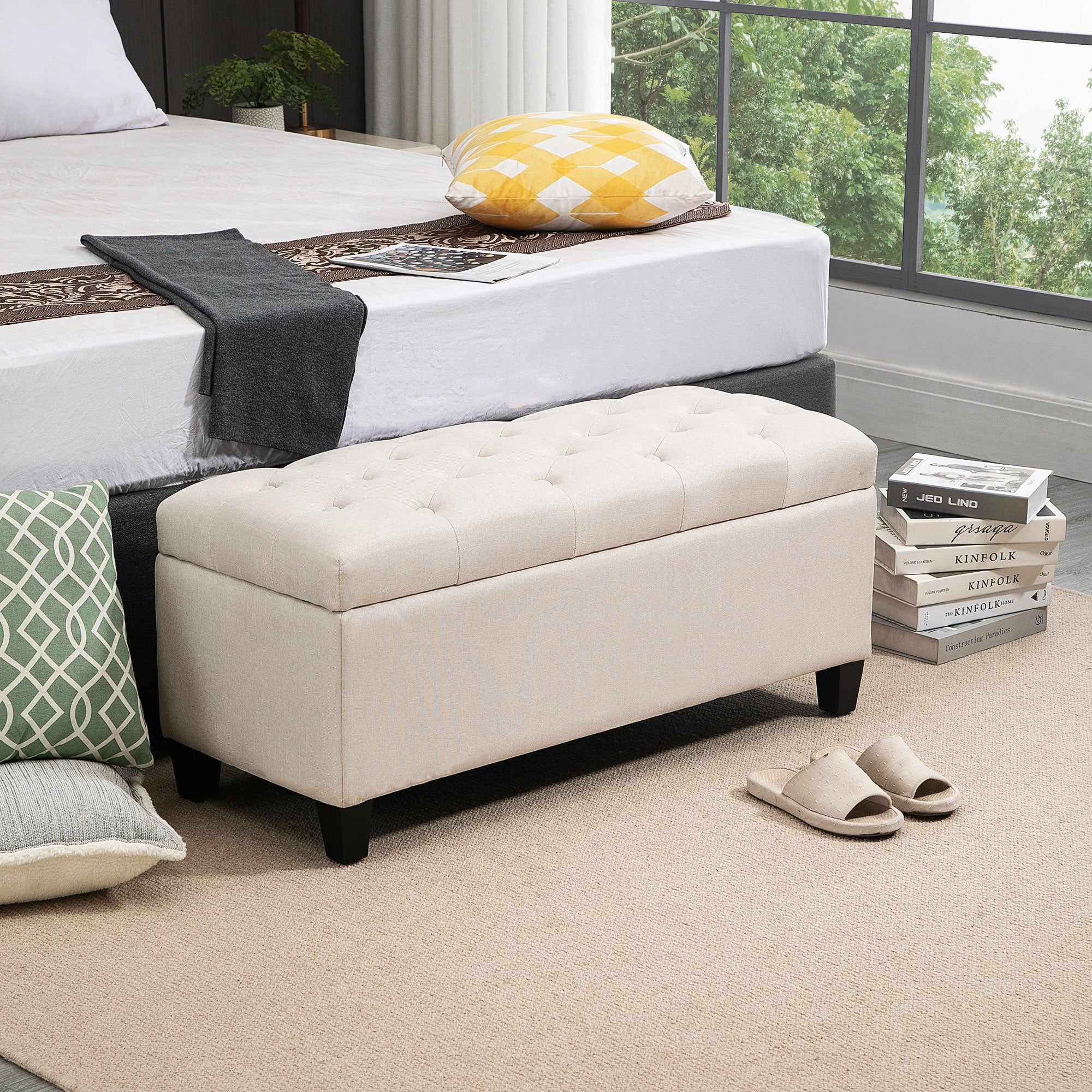 Banc de rangement pouf salon bout de lit capitonné coffre de rangement repose-pieds pour salon, chambre, entrée, 100 x 40 x 44 cm, blanc