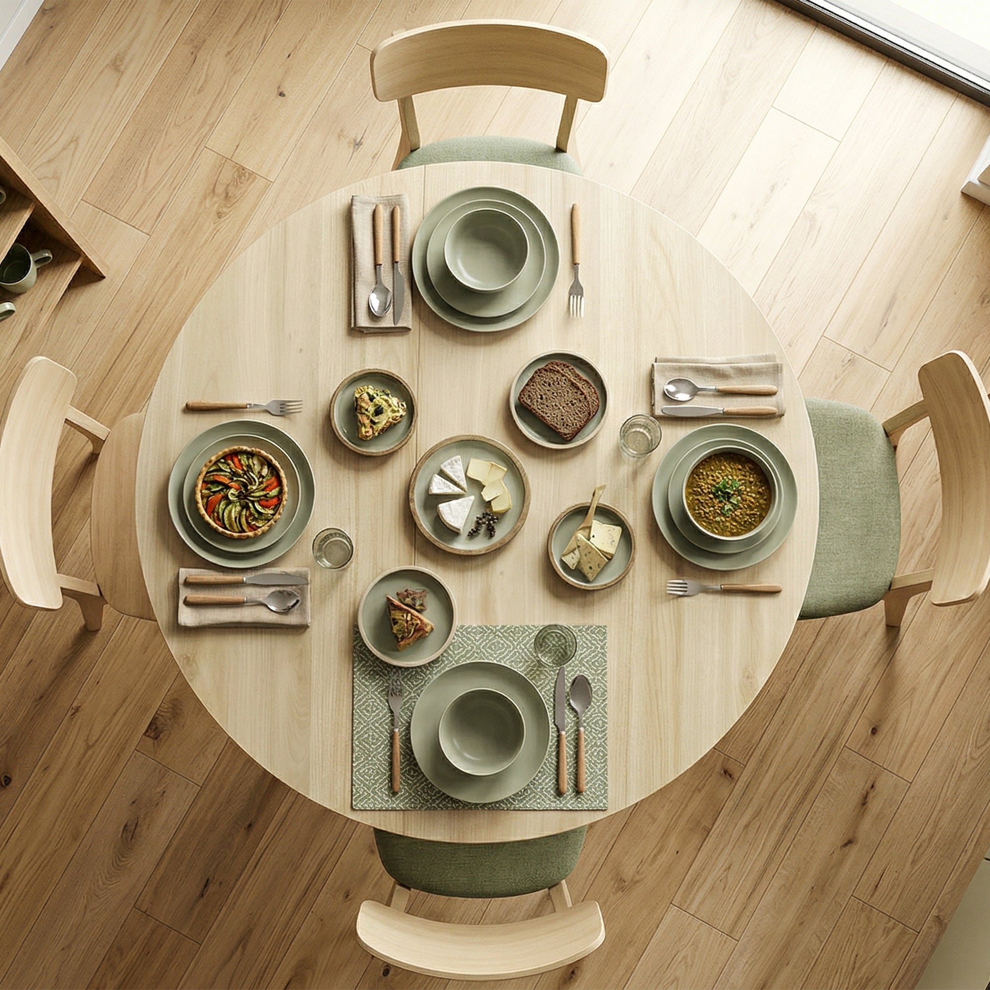Table à manger pliante pour 2 à 6 personnes, table de cuisine ronde avec plateau rabattable et pieds croisés en acier, pour petits espaces, salle à manger, Ø110 x 76 cm, bois naturel