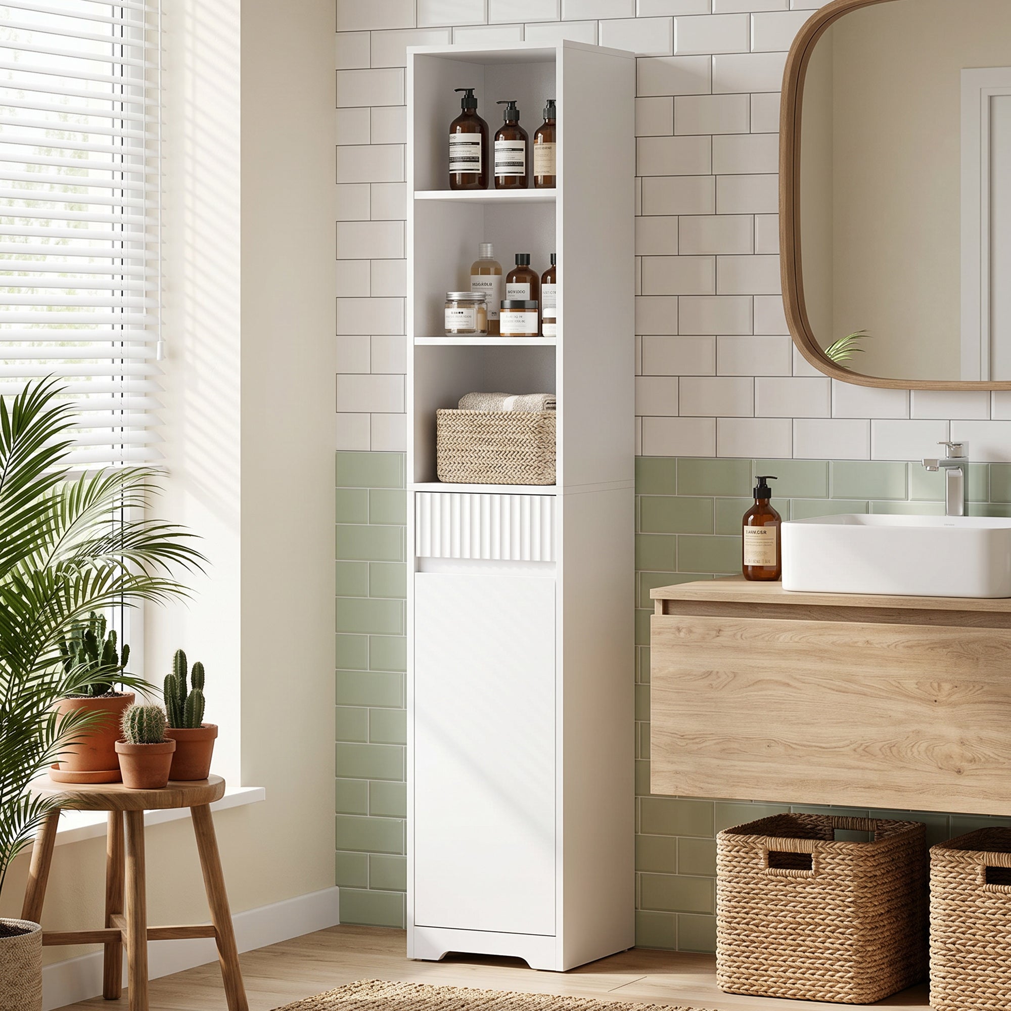 Meuble de salle de bain haut, meuble de rangement, colonne salle de bain avec porte, tiroir, compartiments ouverts, étagère réglable, style moderne, pour salon, chambre, 33x30x172cm, blanc
