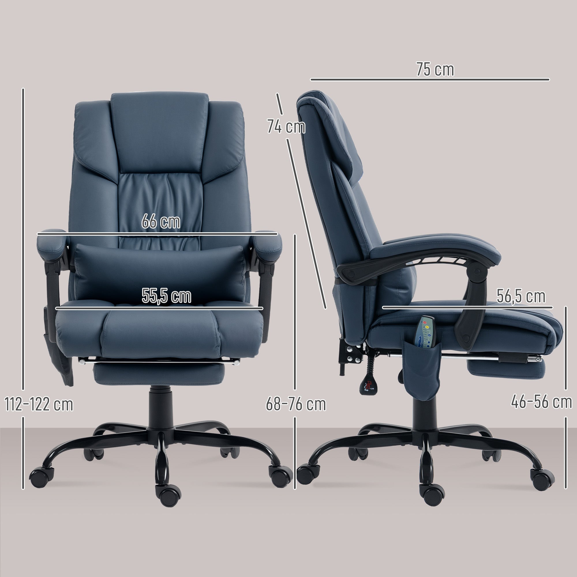 Fauteuil de bureau massant avec repose-pieds, chaise de bureau, chaise ergonomique, hauteur réglable, dossier inclinable et télécommande filaire, tissu en revêtement synthétique, bleu