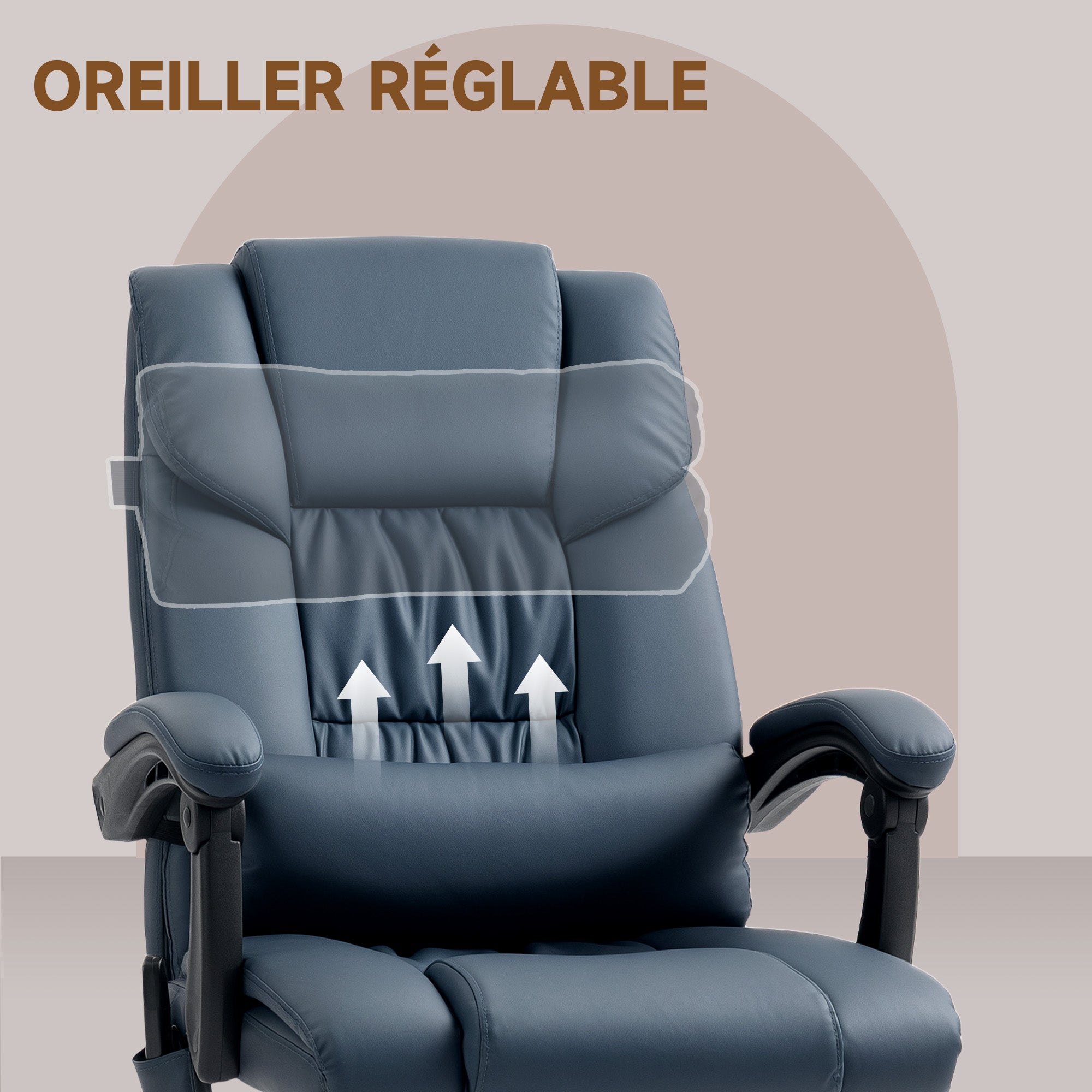 Fauteuil de bureau massant avec repose-pieds, chaise de bureau, chaise ergonomique, hauteur réglable, dossier inclinable et télécommande filaire, tissu en revêtement synthétique, bleu