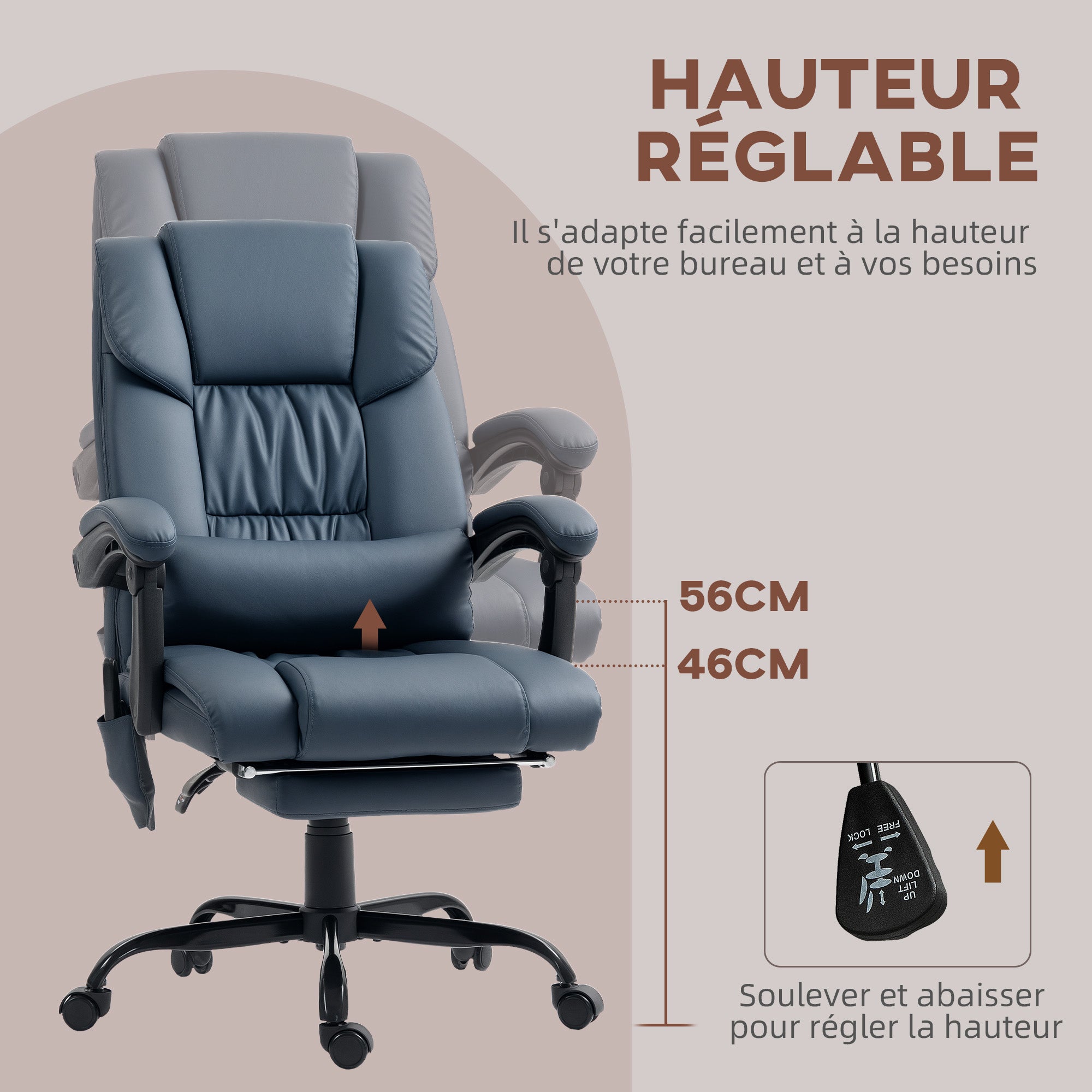 Fauteuil de bureau massant avec repose-pieds, chaise de bureau, chaise ergonomique, hauteur réglable, dossier inclinable et télécommande filaire, tissu en revêtement synthétique, bleu