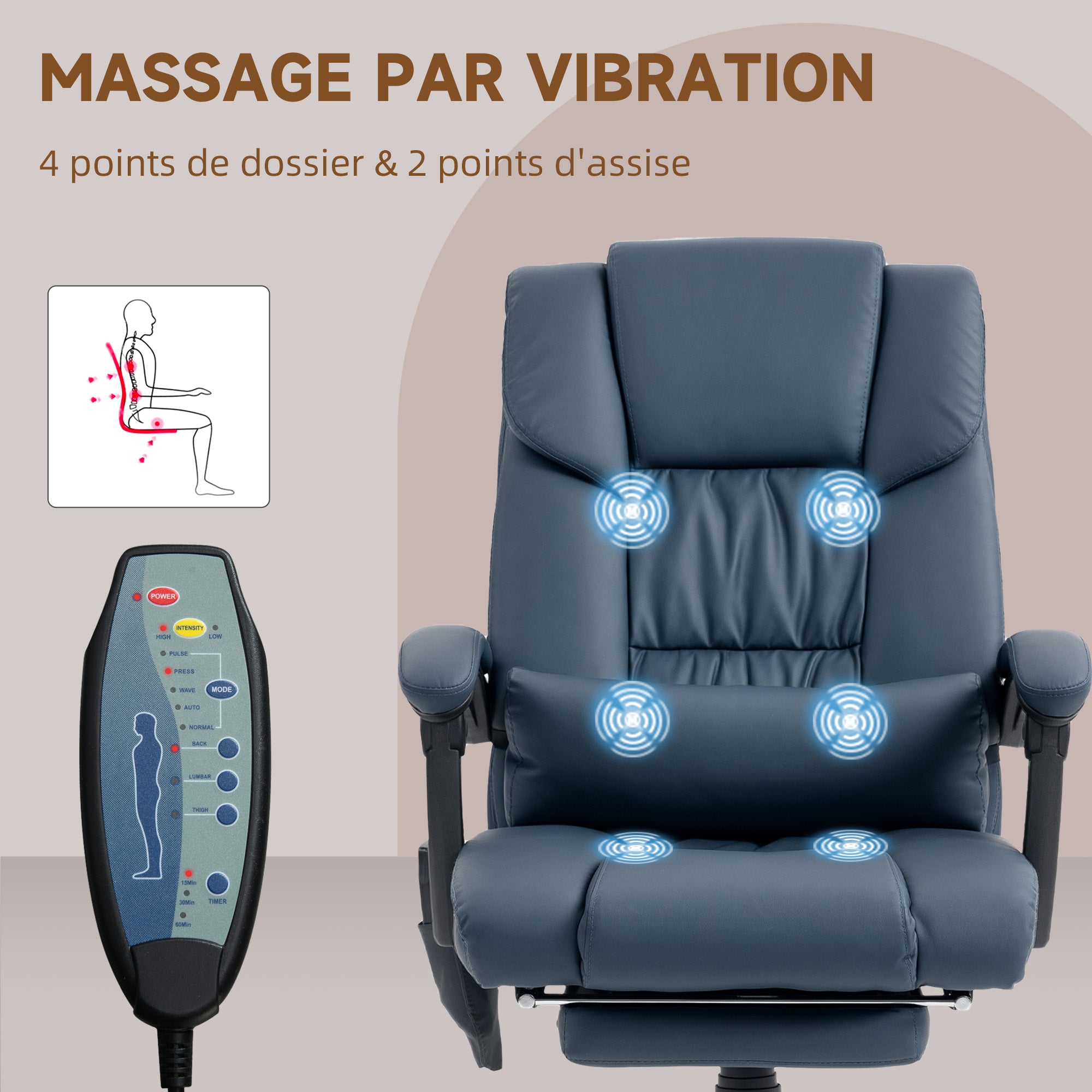 Fauteuil de bureau massant avec repose-pieds, chaise de bureau, chaise ergonomique, hauteur réglable, dossier inclinable et télécommande filaire, tissu en revêtement synthétique, bleu