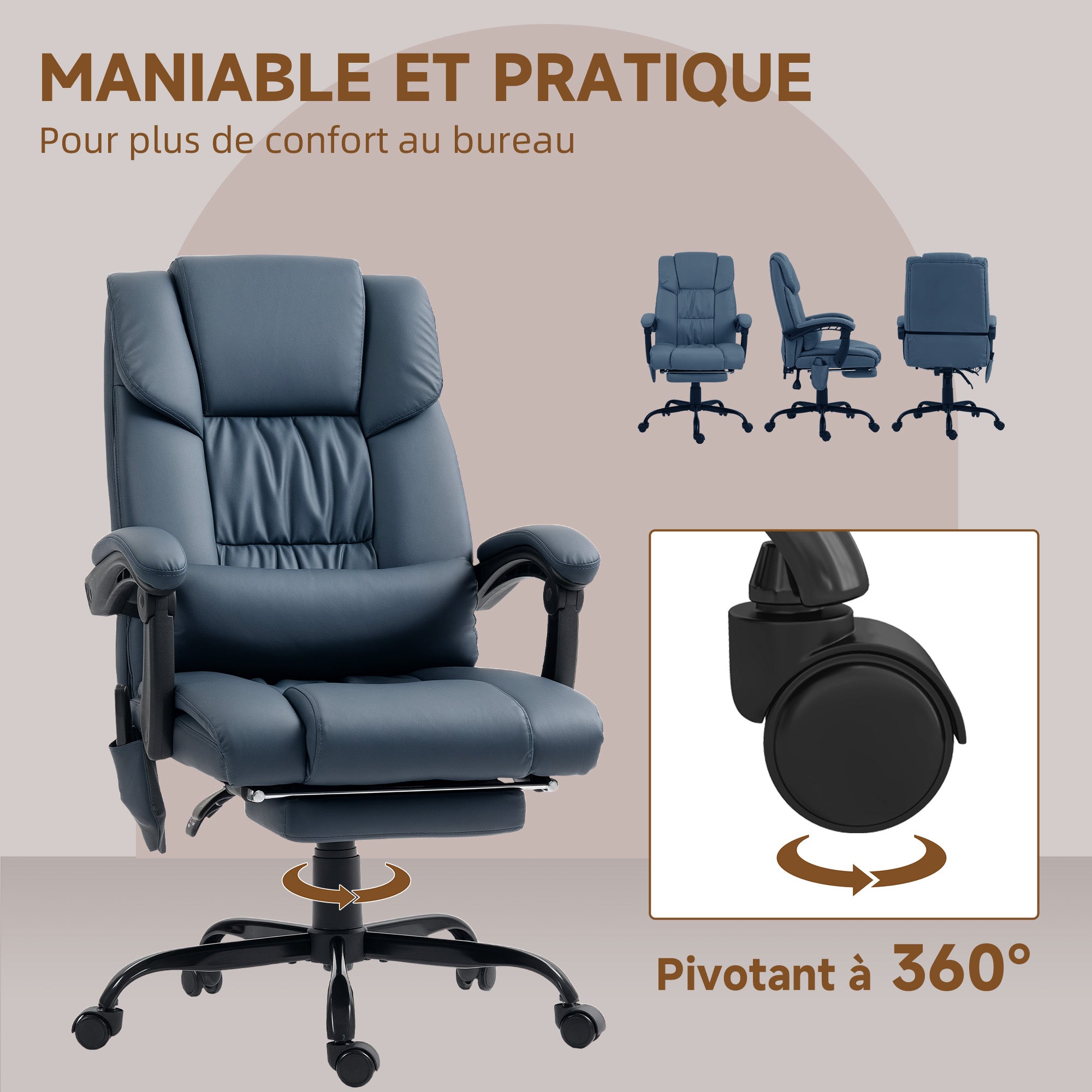Fauteuil de bureau massant avec repose-pieds, chaise de bureau, chaise ergonomique, hauteur réglable, dossier inclinable et télécommande filaire, tissu en revêtement synthétique, bleu