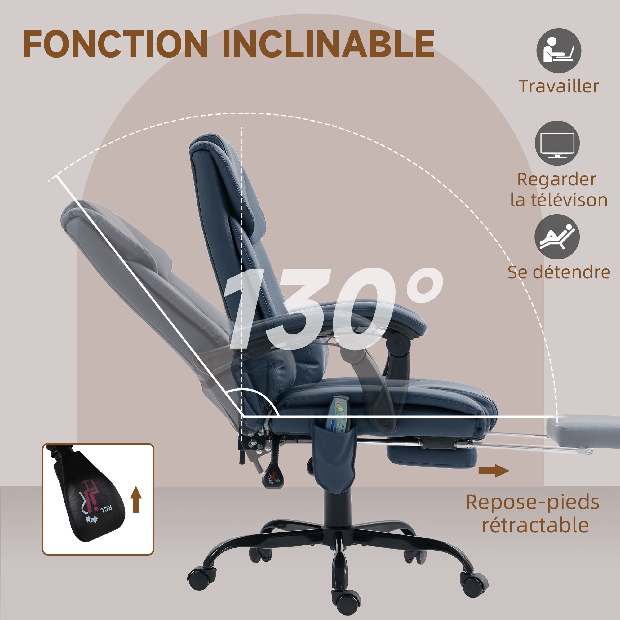 Fauteuil de bureau massant avec repose-pieds, chaise de bureau, chaise ergonomique, hauteur réglable, dossier inclinable et télécommande filaire, tissu en revêtement synthétique, bleu