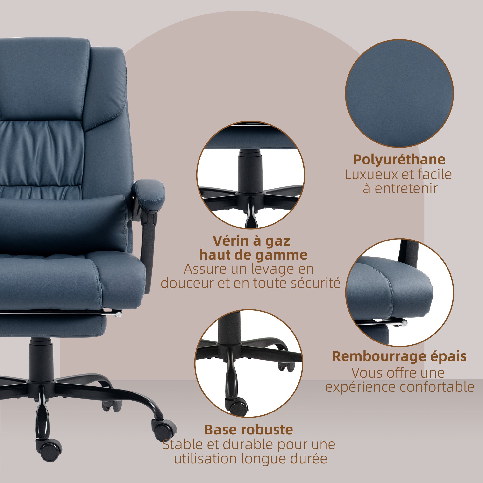 Fauteuil de bureau massant avec repose-pieds, chaise de bureau, chaise ergonomique, hauteur réglable, dossier inclinable et télécommande filaire, tissu en revêtement synthétique, bleu