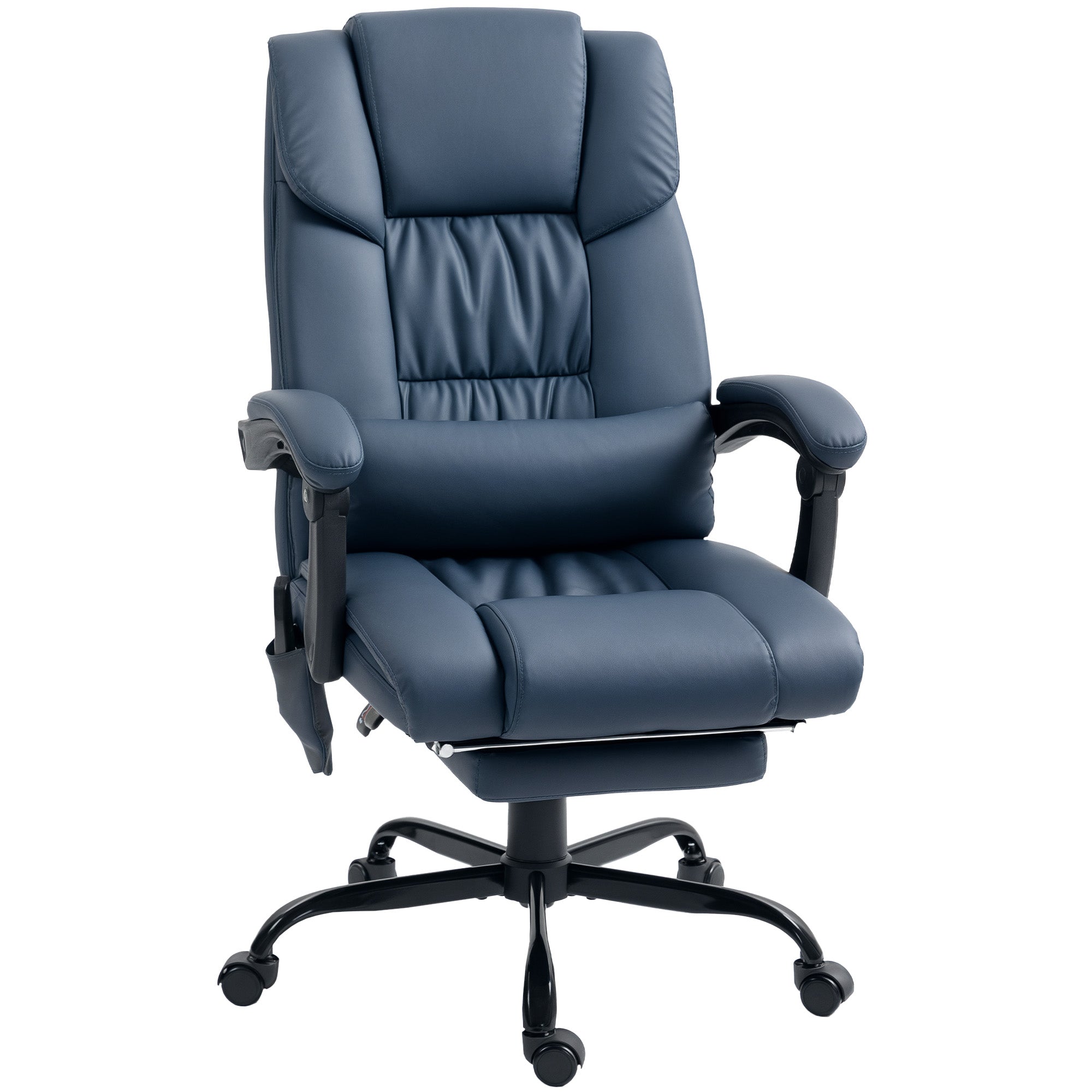 Fauteuil de bureau massant avec repose-pieds, chaise de bureau, chaise ergonomique, hauteur réglable, dossier inclinable et télécommande filaire, tissu en revêtement synthétique, bleu