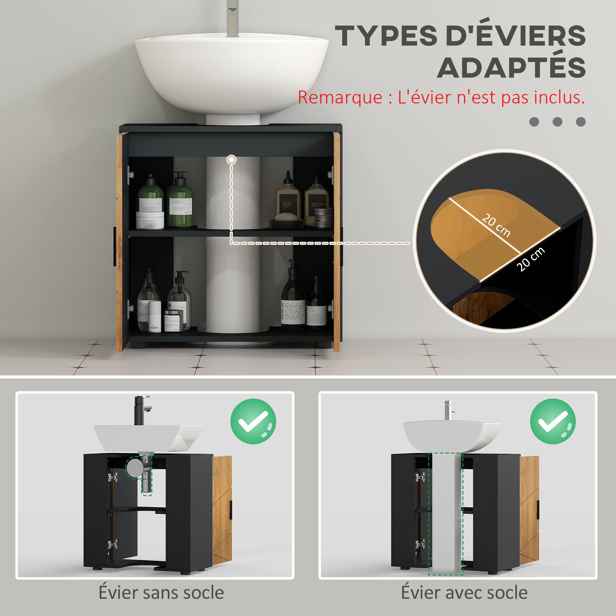 Meuble sous lavabo meuble de salle de bain 2 portes avec étagère réglable armoire de rangement pour vasque 60 x 30 x 60 cm gris anthracite et aspect bois