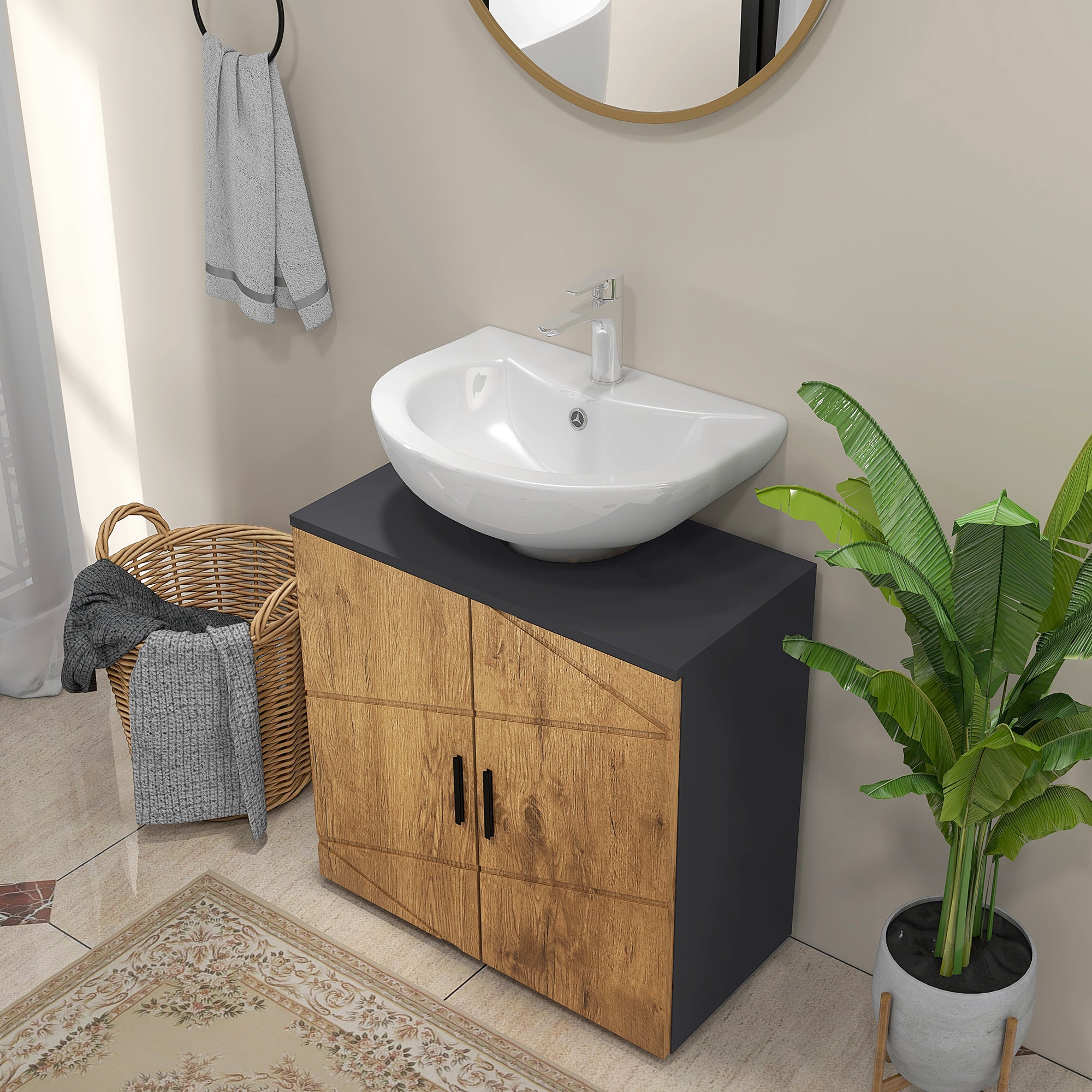 Meuble sous lavabo meuble de salle de bain 2 portes avec étagère réglable armoire de rangement pour vasque 60 x 30 x 60 cm gris anthracite et aspect bois