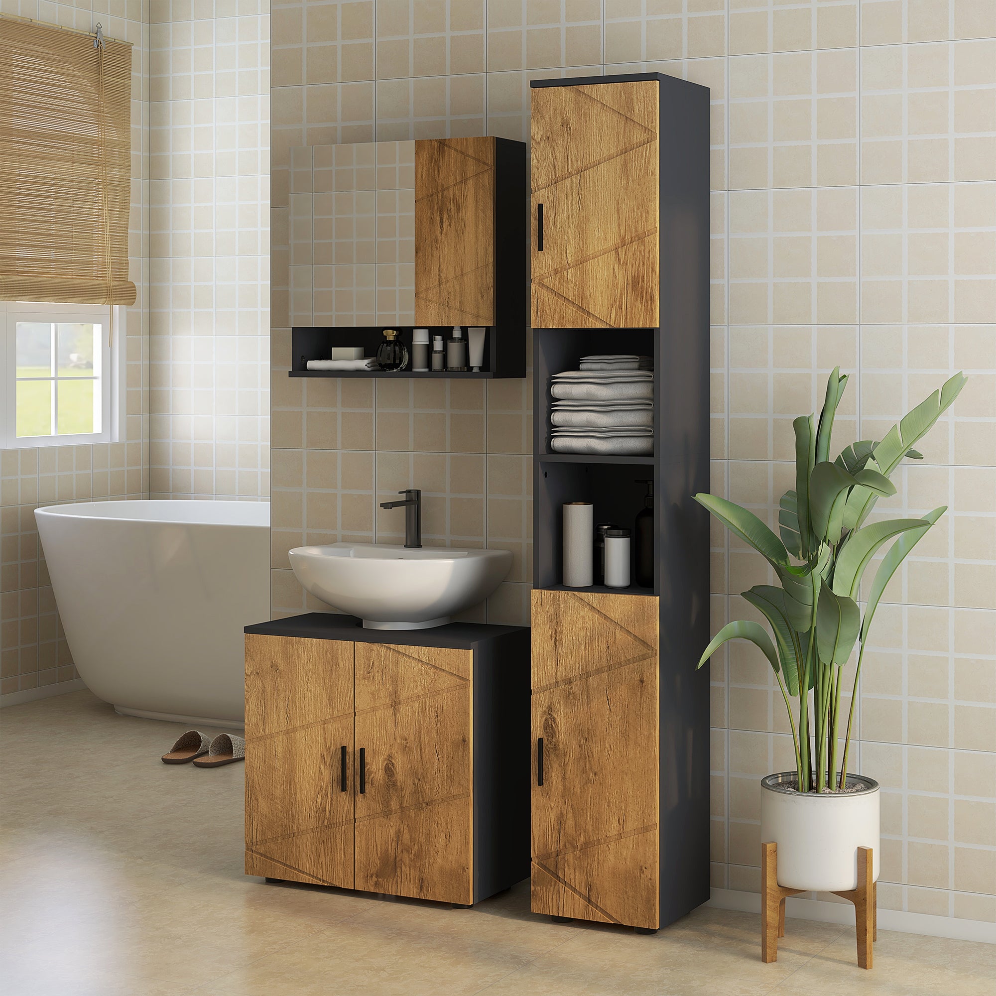 Meuble sous lavabo meuble de salle de bain 2 portes avec étagère réglable armoire de rangement pour vasque 60 x 30 x 60 cm gris anthracite et aspect bois
