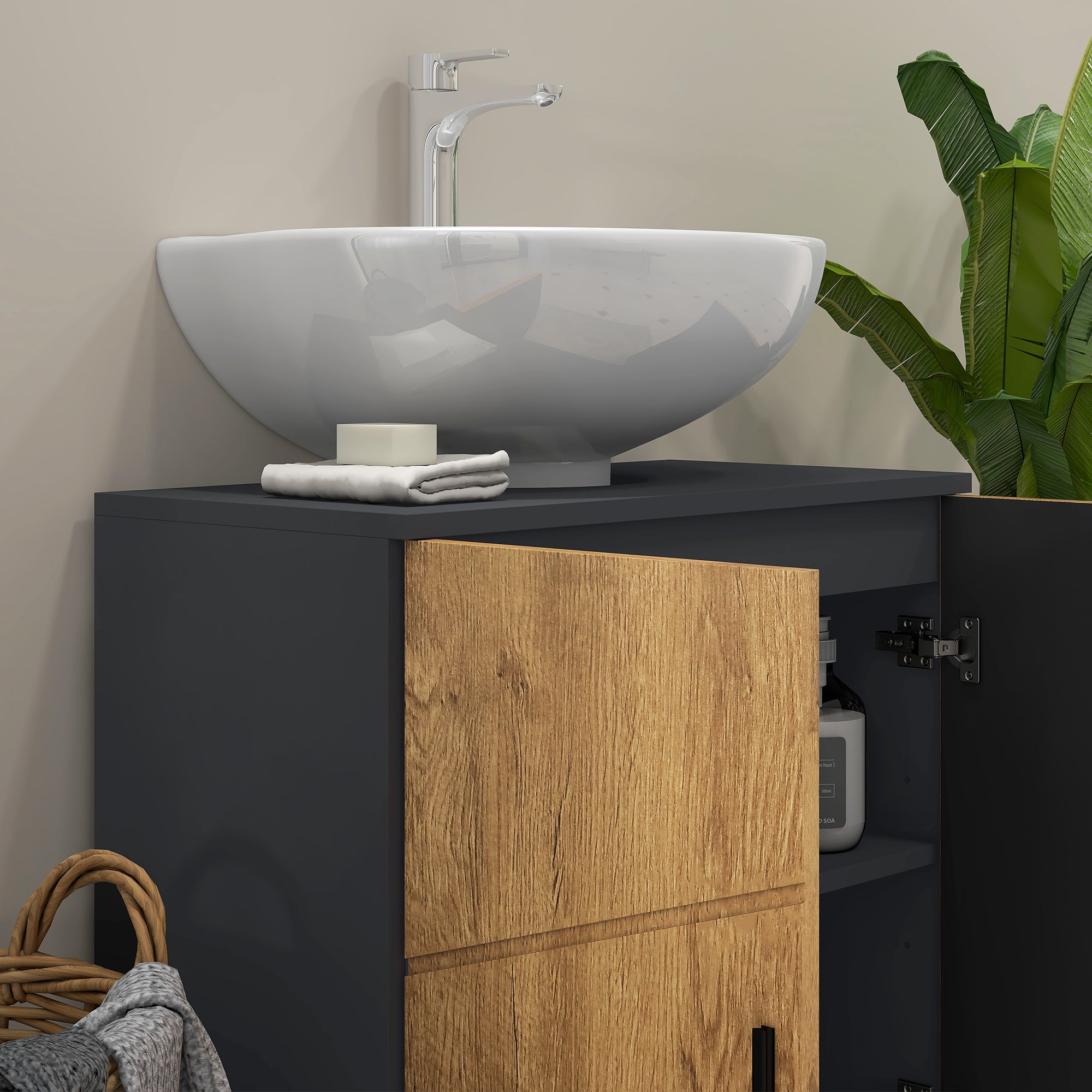 Meuble sous lavabo meuble de salle de bain 2 portes avec étagère réglable armoire de rangement pour vasque 60 x 30 x 60 cm gris anthracite et aspect bois