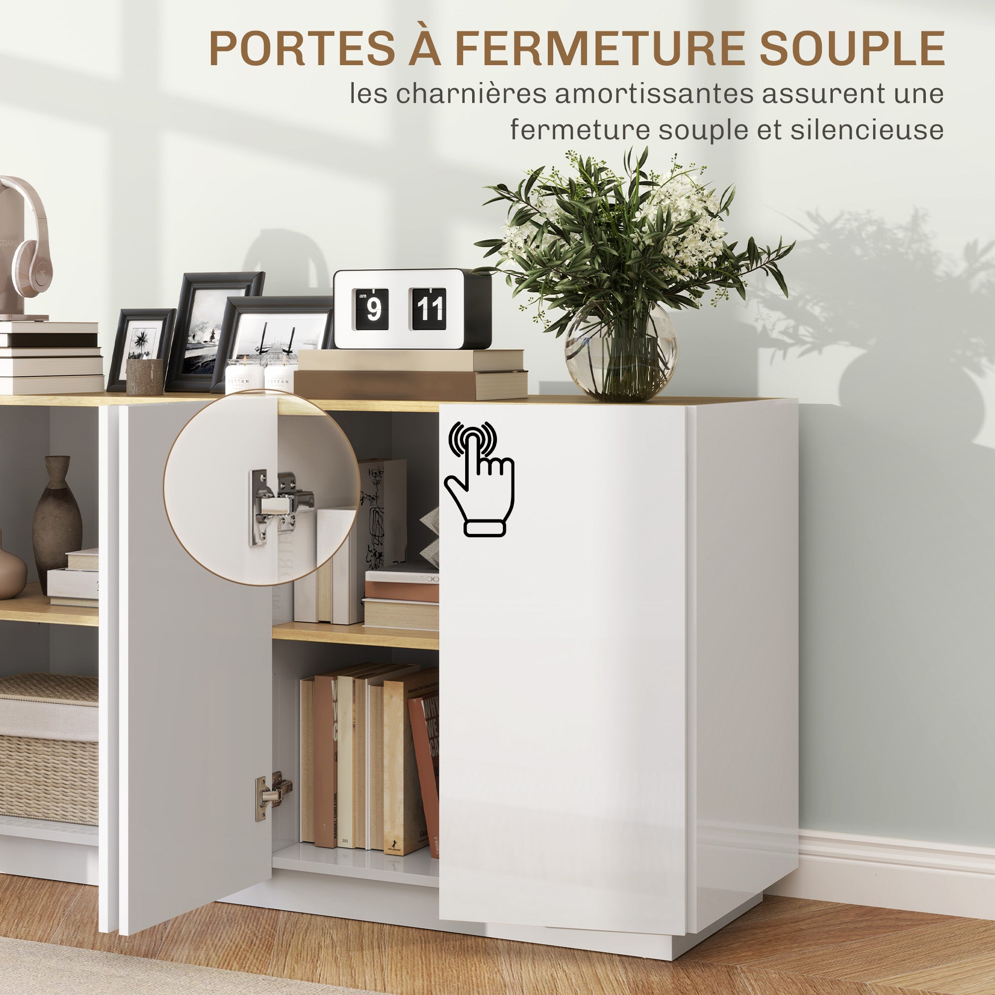 Buffet salle à manger, buffet cuisine, avec 4 portes à fermeture douce et étagères réglables, 140 x 40 x 75 cm, blanc laqué