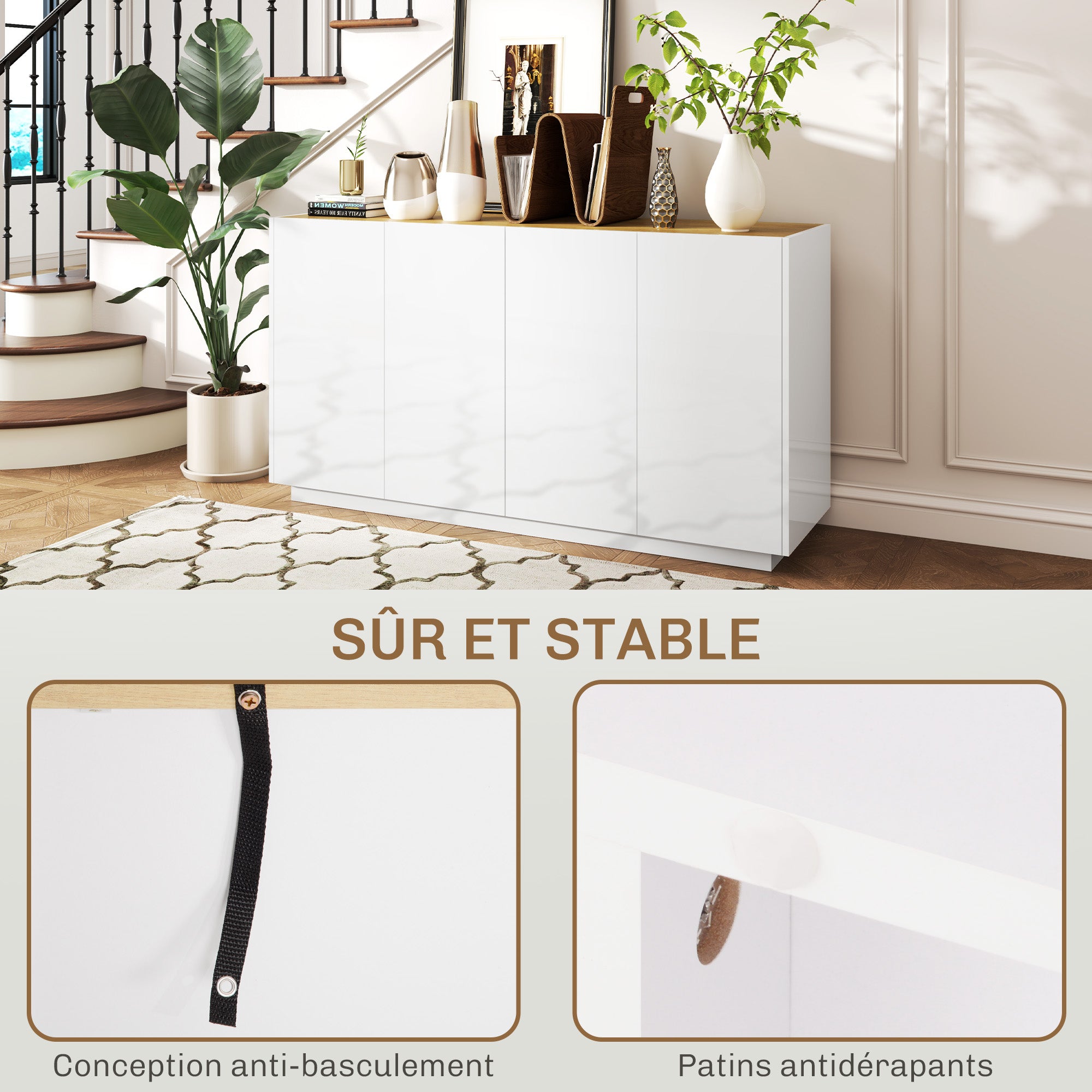 Buffet salle à manger, buffet cuisine, avec 4 portes à fermeture douce et étagères réglables, 140 x 40 x 75 cm, blanc laqué