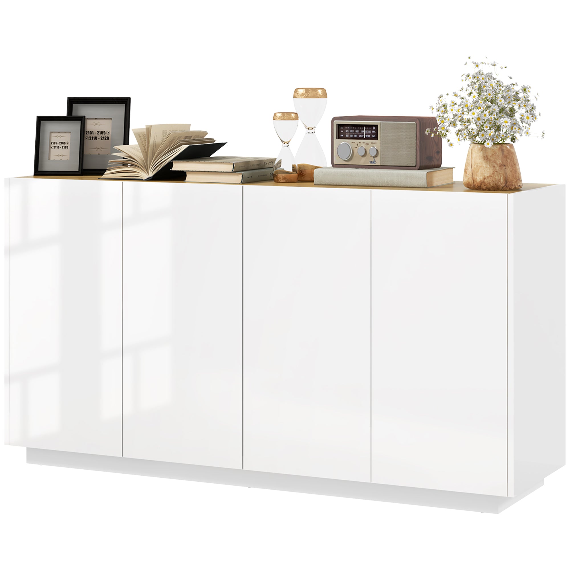Buffet salle à manger, buffet cuisine, avec 4 portes à fermeture douce et étagères réglables, 140 x 40 x 75 cm, blanc laqué