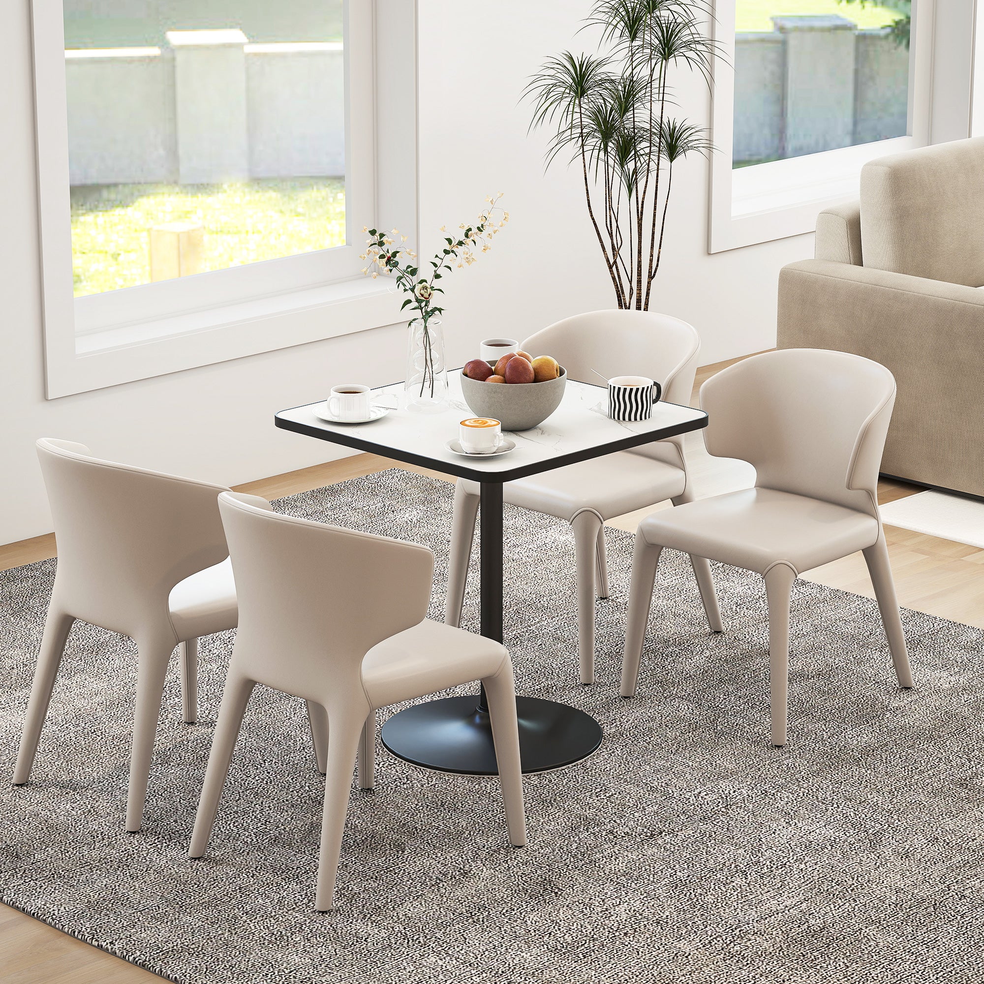 Table à manger pour 4 personnes table de cuisine style moderne avec plateau effet marbre et base ronde, 70 x 70 cm, blanc