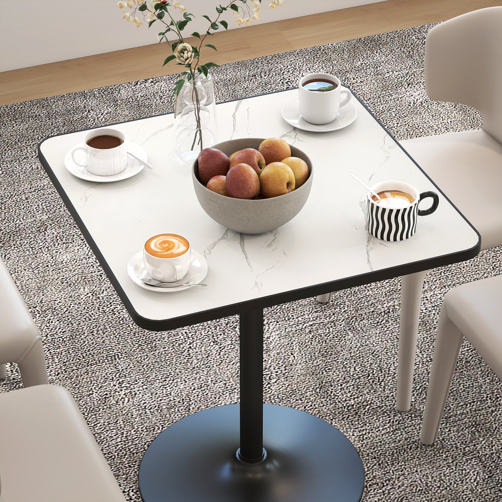 Table à manger pour 4 personnes table de cuisine style moderne avec plateau effet marbre et base ronde, 70 x 70 cm, blanc