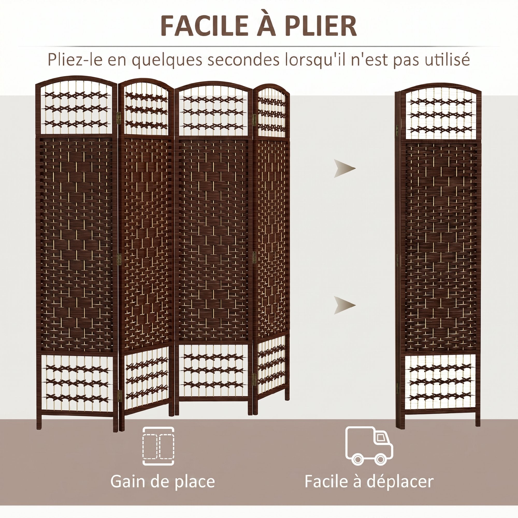 Paravent en bois 160 x 170 cm séparateur de pièce pliable 4 panneaux cloison de séparation chambre à coucher maison intérieur marron