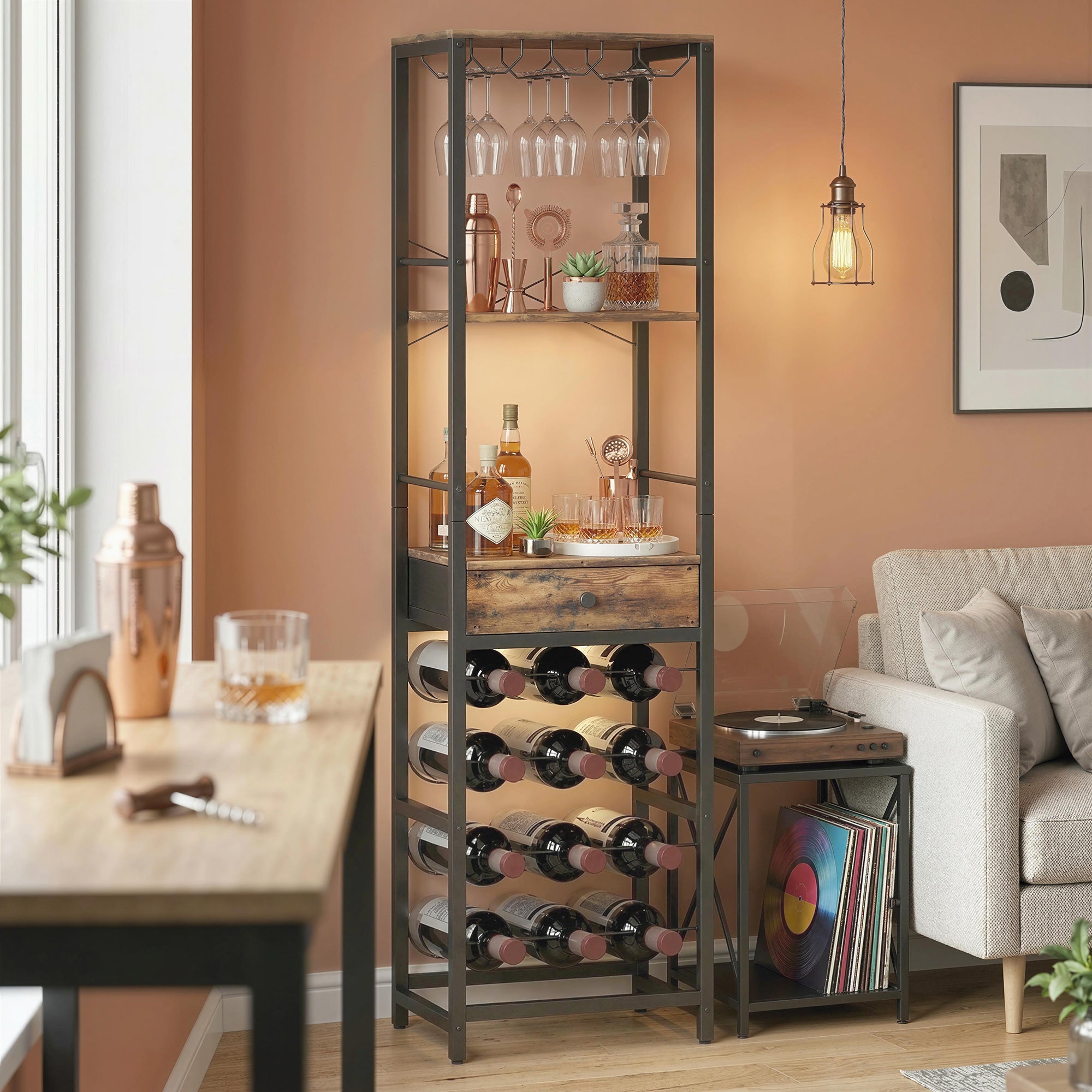 Casier à bouteilles pour 12 bouteilles, casier à vin avec étagère ouverte et tiroir, style industriel, étagère à vin en métal pour cuisine, salon, bar, 40 x 30 x 148 cm, brun rustique