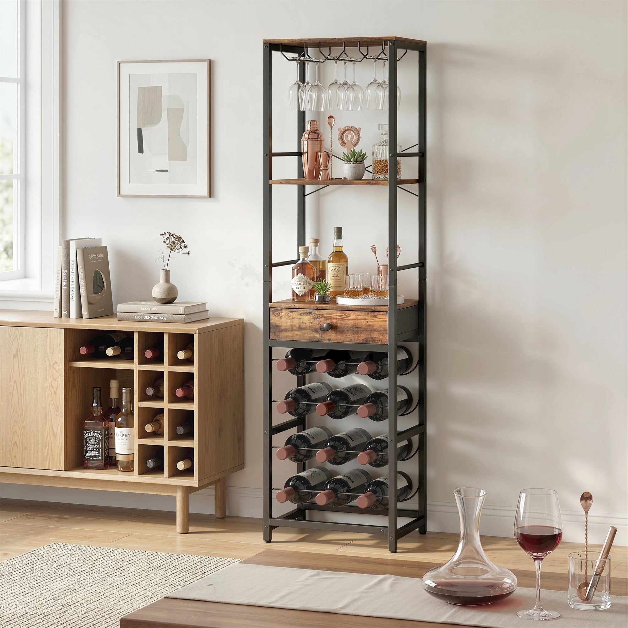 Casier à bouteilles pour 12 bouteilles, casier à vin avec étagère ouverte et tiroir, style industriel, étagère à vin en métal pour cuisine, salon, bar, 40 x 30 x 148 cm, brun rustique