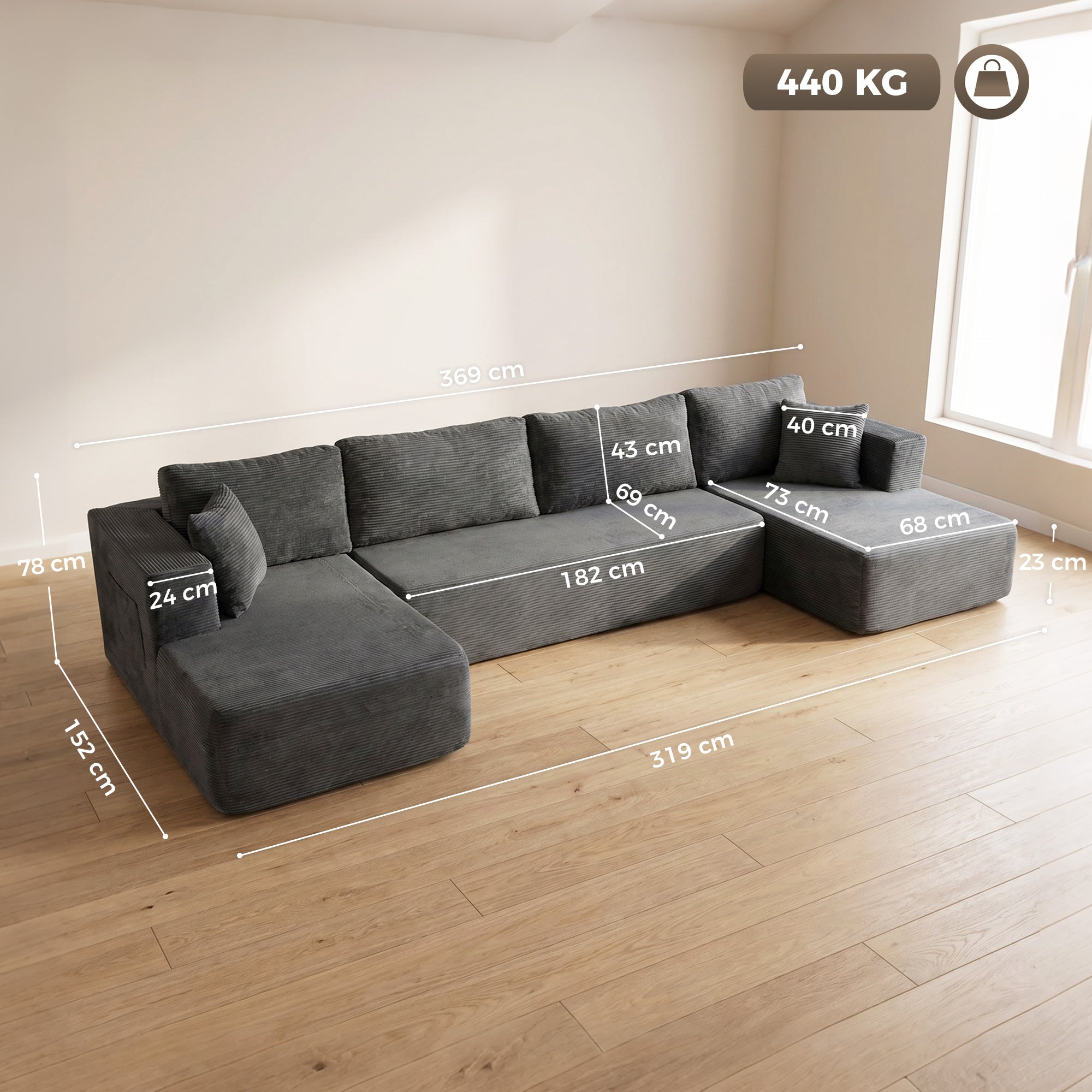 Canapé Modulaire en U Compressé 4 Places, 2 Méridiennes et Canapé 2 Places - Canapé d'Angle Convertible, 6 Coussins, Accoudoirs avec Poches Latérales - Sans Montage, pour Salon Chambre, Gris