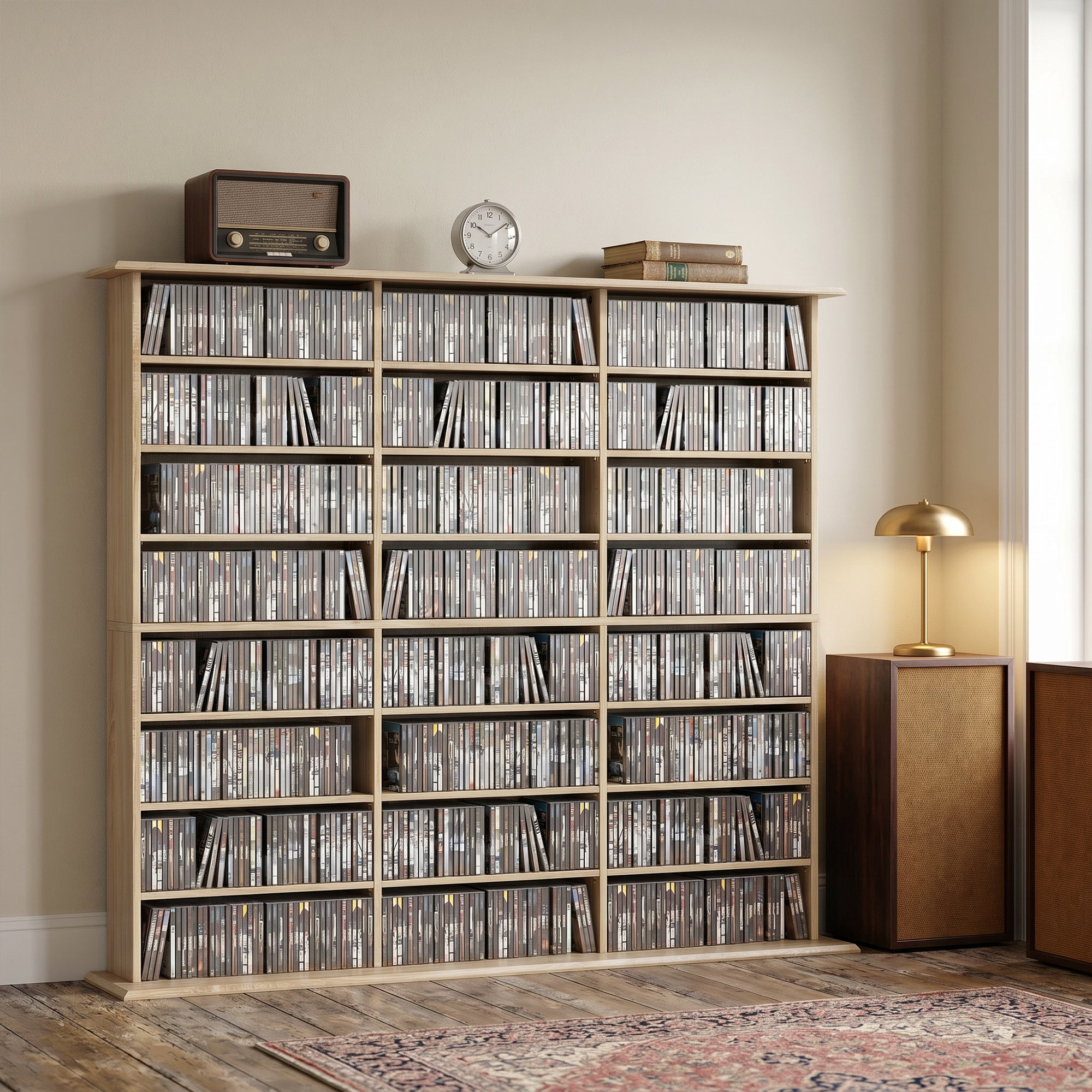 Rangements pour CD et DVD, Meuble de Rangement Multimédia, Capacité Max. 1032 CDs/594 DVDs et Blu-ray, 24 Compartiments et 18 Étagères Réglables, pour Salon, Chambre, 145x24x126,3cm, Chêne