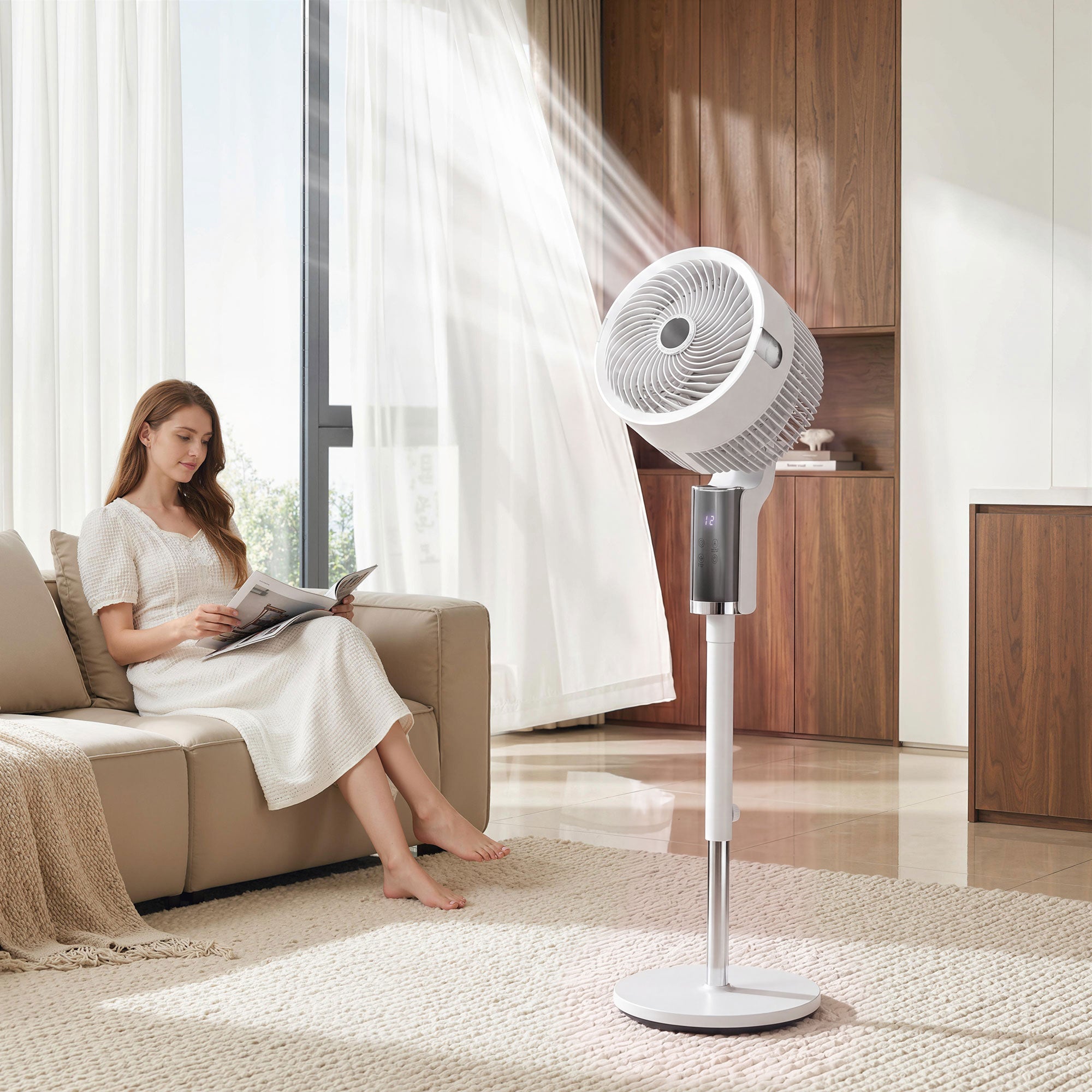 Ventilateur sur pied silencieux 20 dB pour chambre, télécommande, circulateur d'air, oscillation 90°, 8 vitesses, minuterie 12H, lumière LED, hauteur réglable, blanc