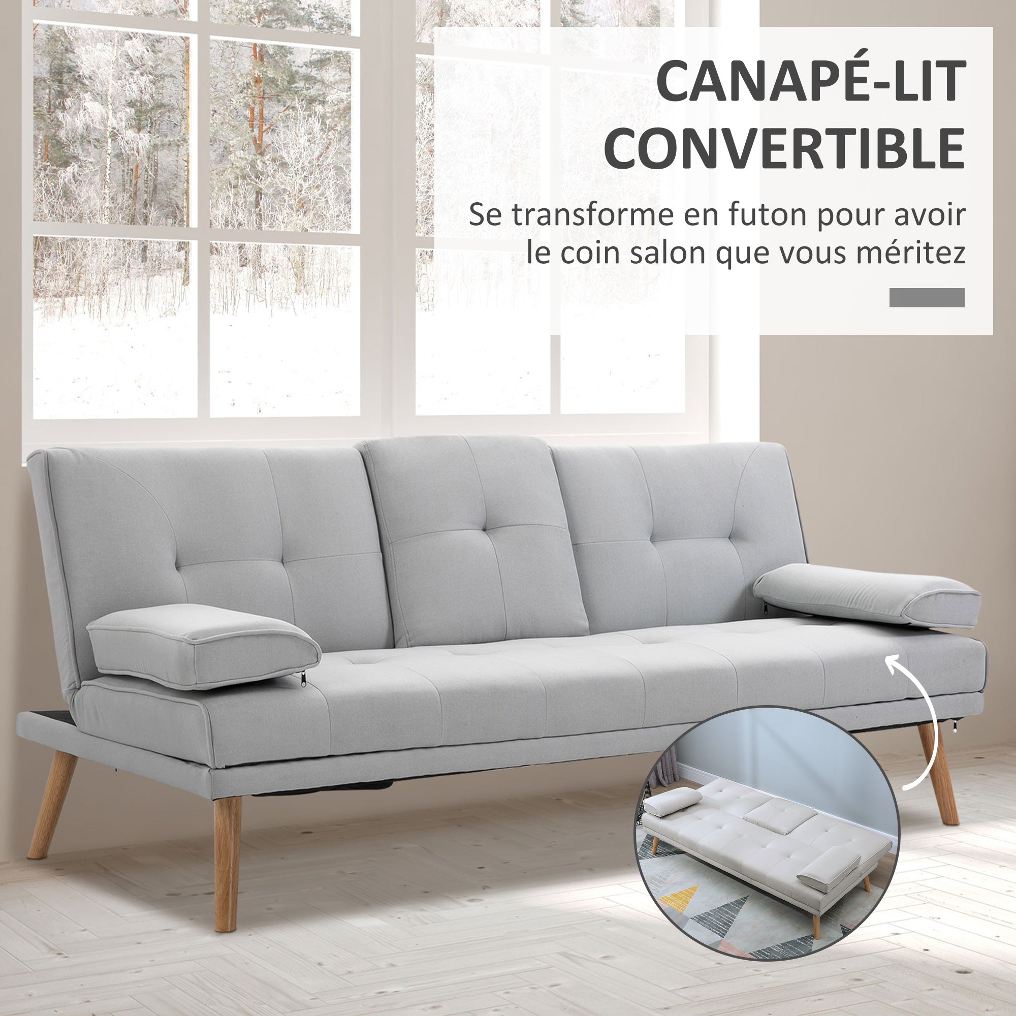 Canapé convertible 3 places design scandinave inclinaison dossier réglable 3 niveaux dossier centrale rabattable 2 porte-verres bois massif lin gris clair
