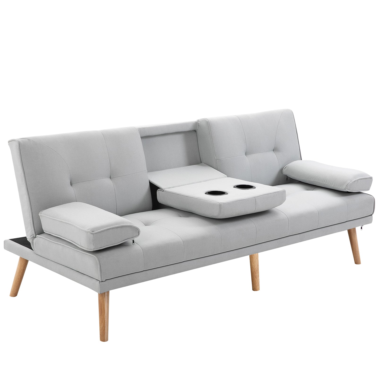 Canapé convertible 3 places design scandinave inclinaison dossier réglable 3 niveaux dossier centrale rabattable 2 porte-verres bois massif lin gris clair
