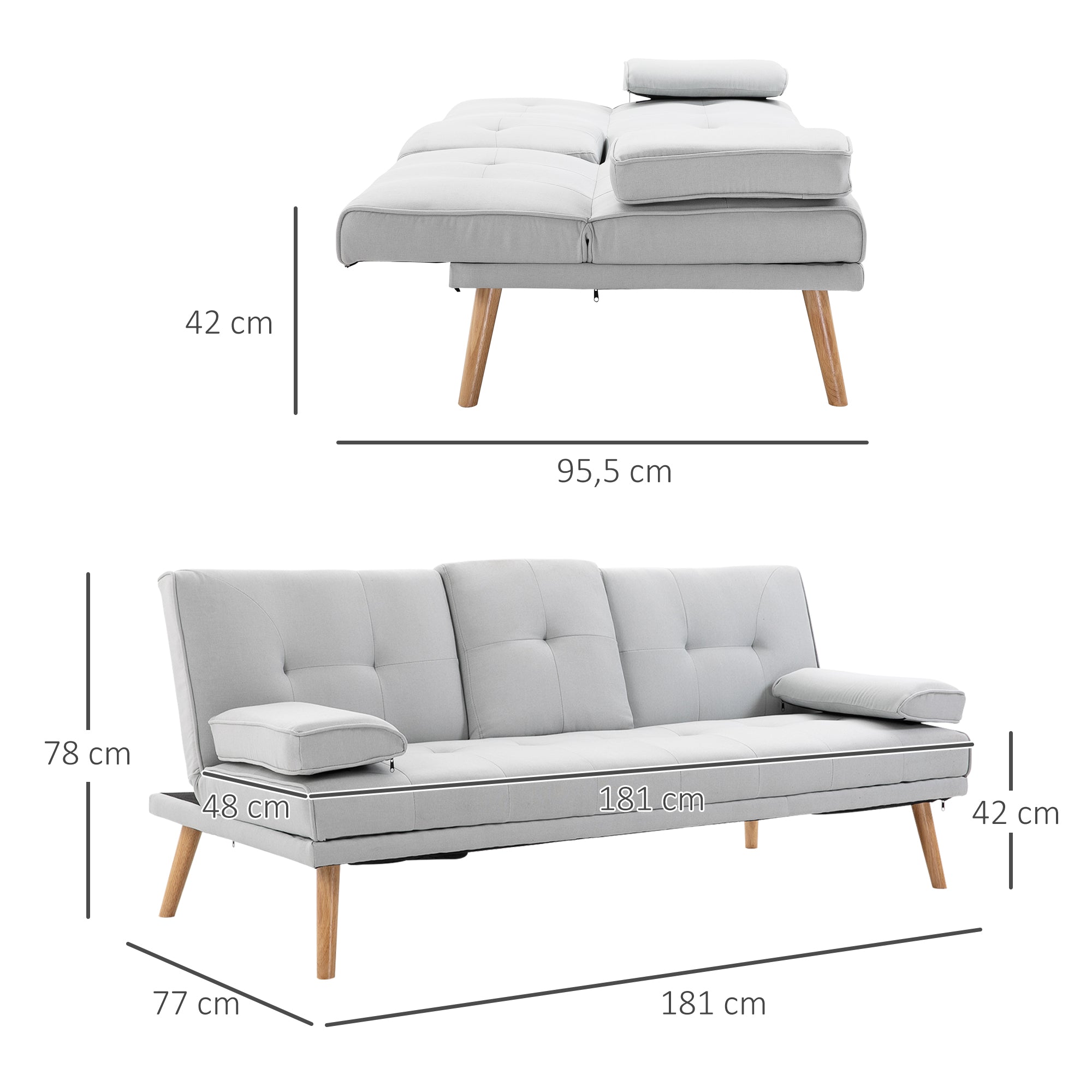 Canapé convertible 3 places design scandinave inclinaison dossier réglable 3 niveaux dossier centrale rabattable 2 porte-verres bois massif lin gris clair