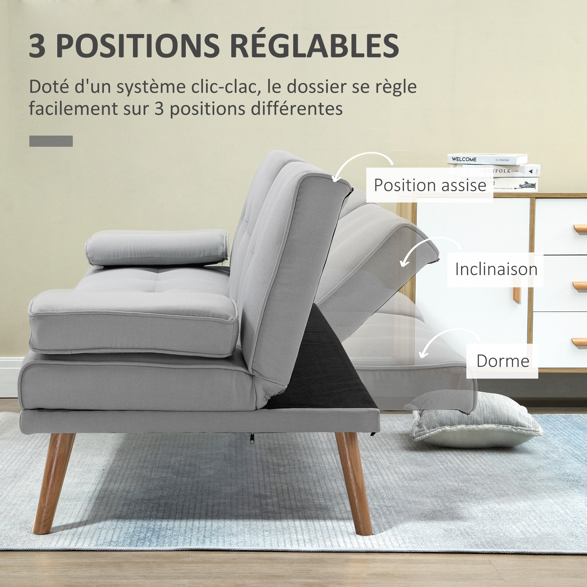 Canapé convertible 3 places design scandinave inclinaison dossier réglable 3 niveaux dossier centrale rabattable 2 porte-verres bois massif lin gris clair