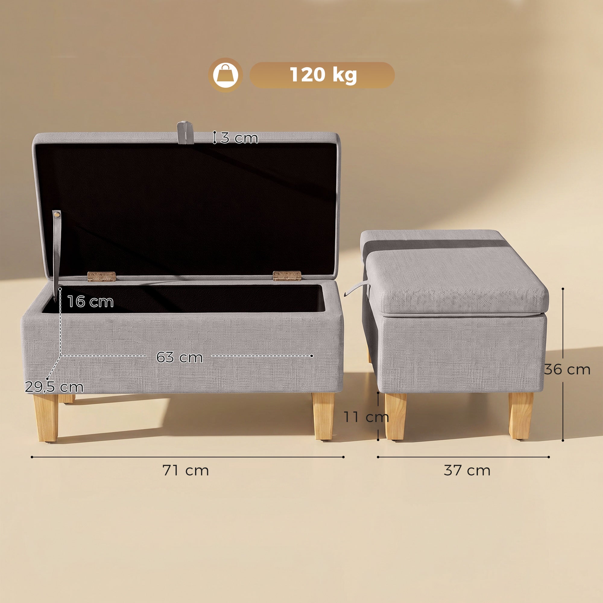 Banc de rangement, bout de lit, repose-pieds rembourré en lin avec pieds en bois de caoutchouc, pour salon, chambre, entrée, 71 x 37 x 36 cm, gris clair
