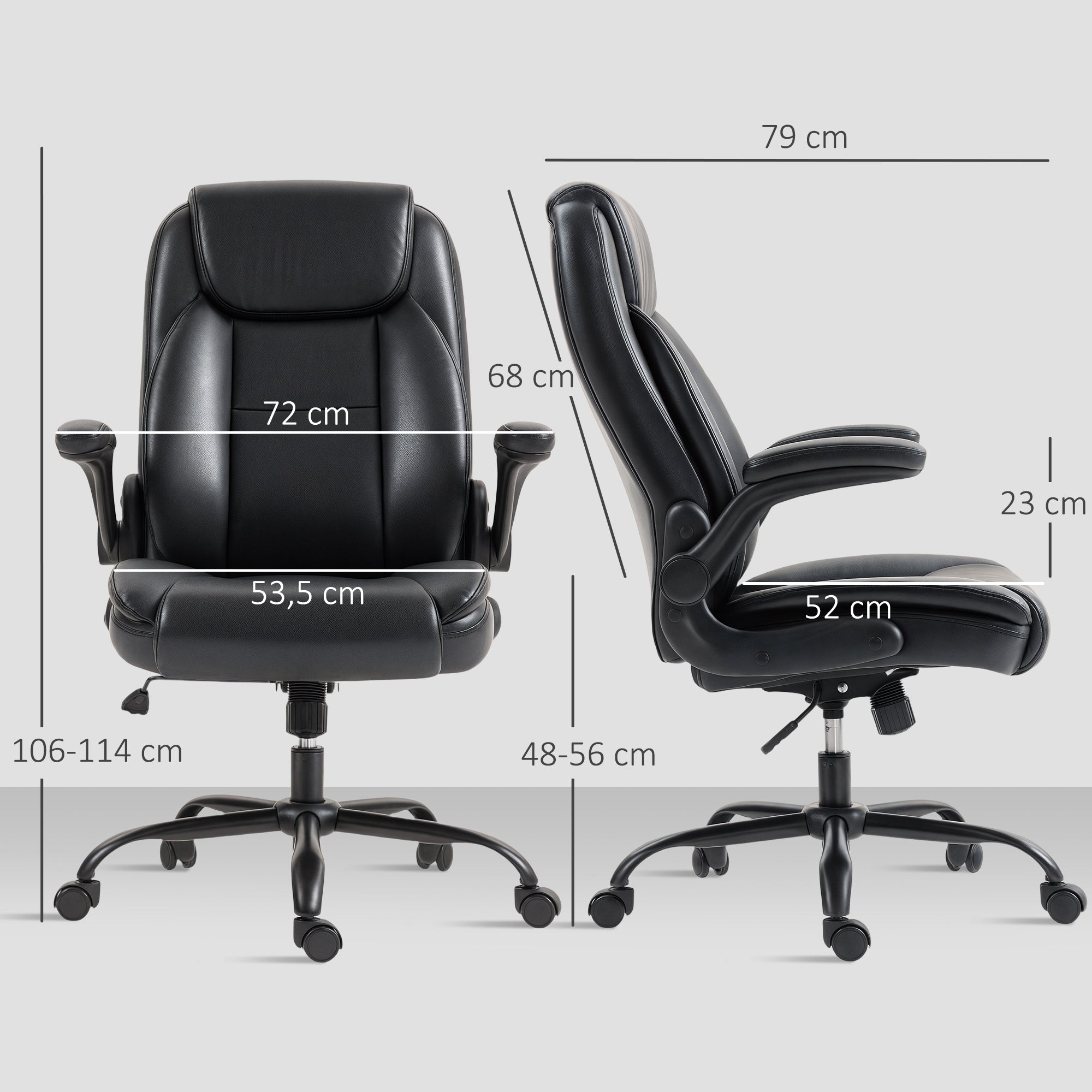 Chaise de bureau, fauteuil de bureau ergonomique avec accoudoirs relevables, hauteur réglable, fonction de bascule et pivotant à 360°, cuir synthétique, pour chambre, télétravail, noir