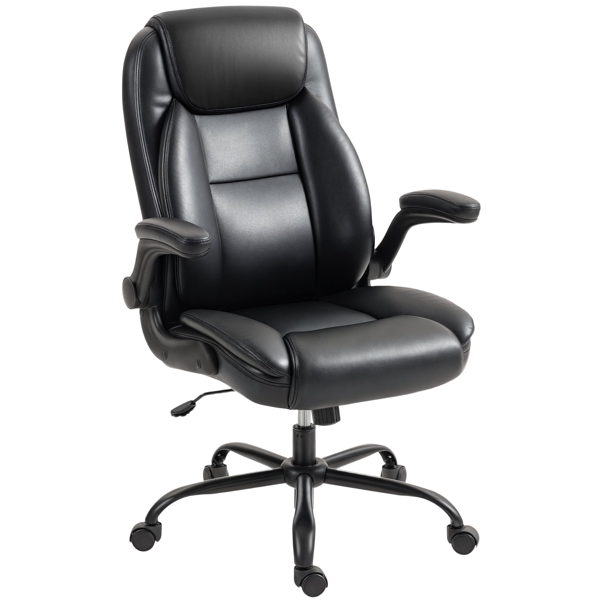 Chaise de bureau, fauteuil de bureau ergonomique avec accoudoirs relevables, hauteur réglable, fonction de bascule et pivotant à 360°, cuir synthétique, pour chambre, télétravail, noir