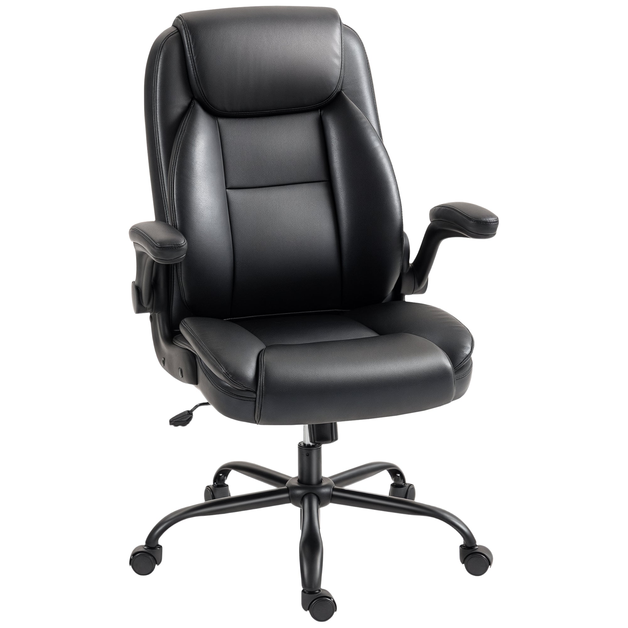 Chaise de bureau, fauteuil de bureau ergonomique avec accoudoirs relevables, hauteur réglable, fonction de bascule et pivotant à 360°, cuir synthétique, pour chambre, télétravail, noir
