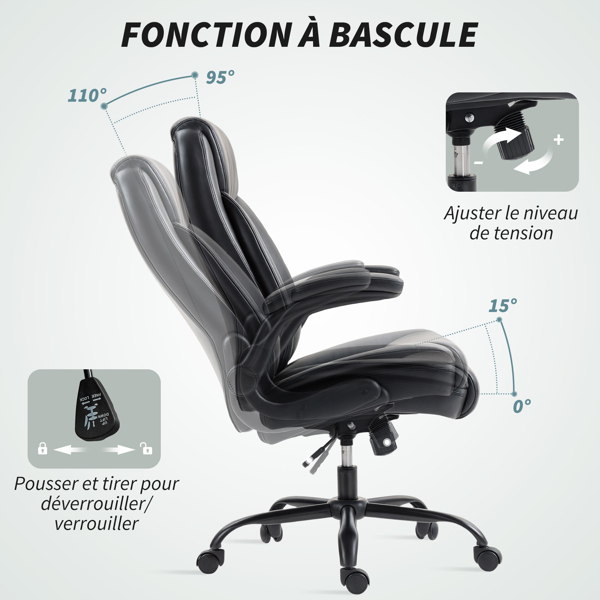 Chaise de bureau, fauteuil de bureau ergonomique avec accoudoirs relevables, hauteur réglable, fonction de bascule et pivotant à 360°, cuir synthétique, pour chambre, télétravail, noir