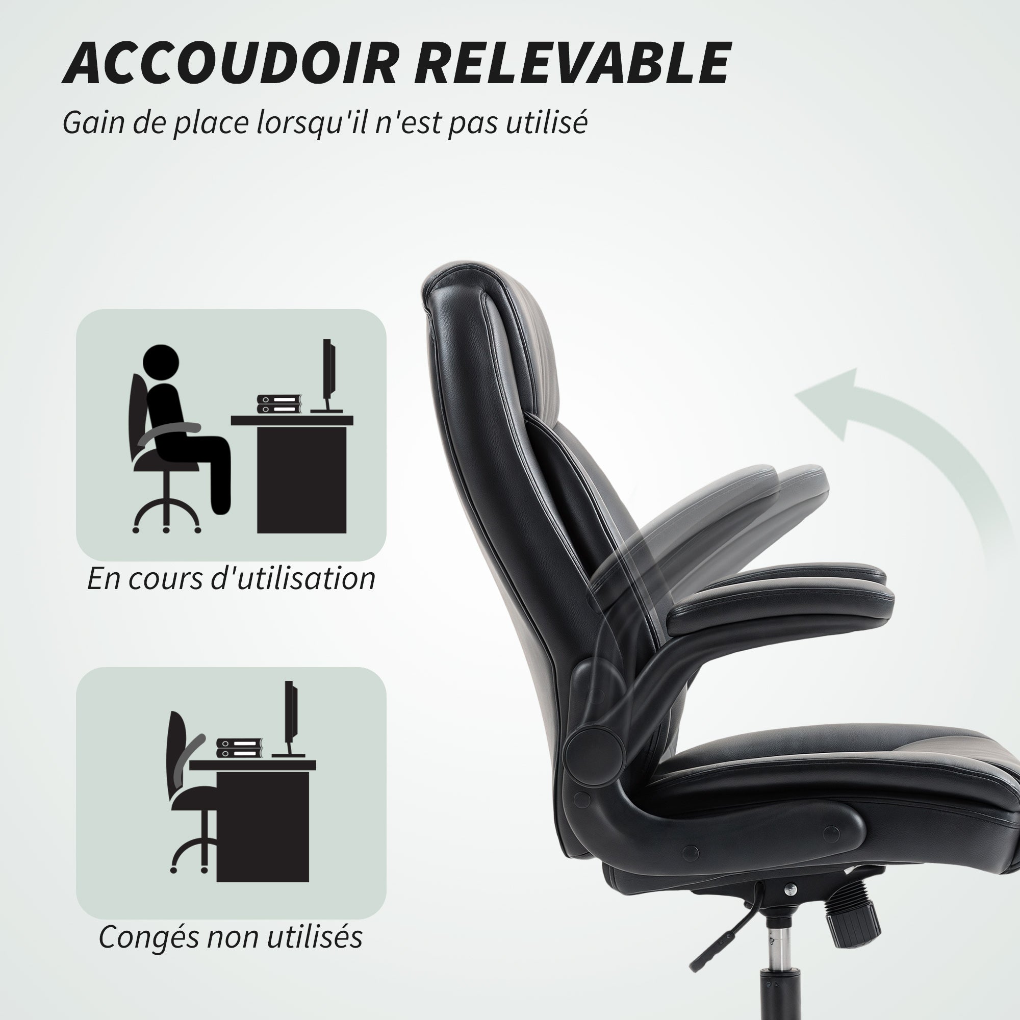 Chaise de bureau, fauteuil de bureau ergonomique avec accoudoirs relevables, hauteur réglable, fonction de bascule et pivotant à 360°, cuir synthétique, pour chambre, télétravail, noir